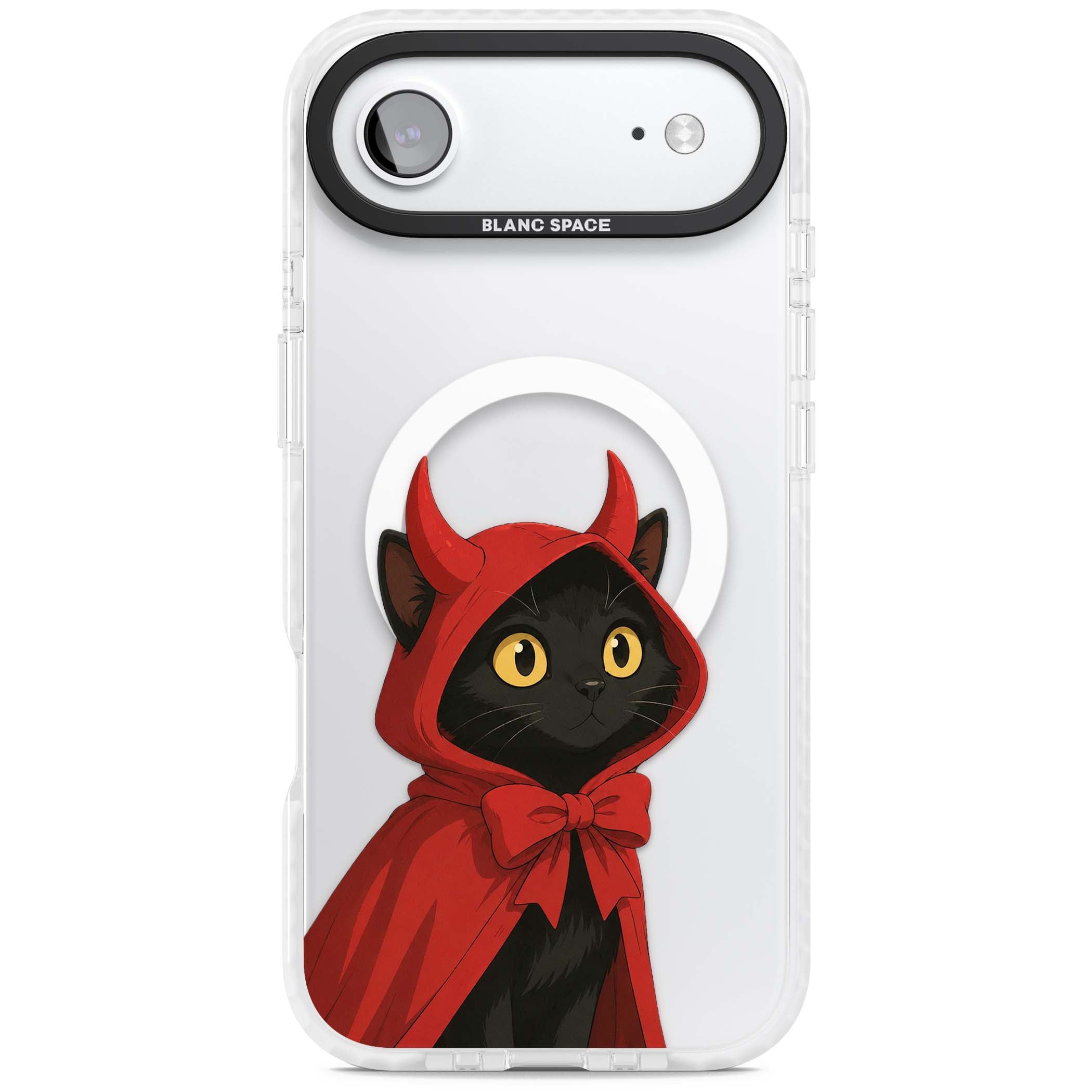 Little Devil halloween iPhone case featuring a black cat in a red hooded devil cloak with horns and golden eyes | Impact Magsafe case for iPhone Air