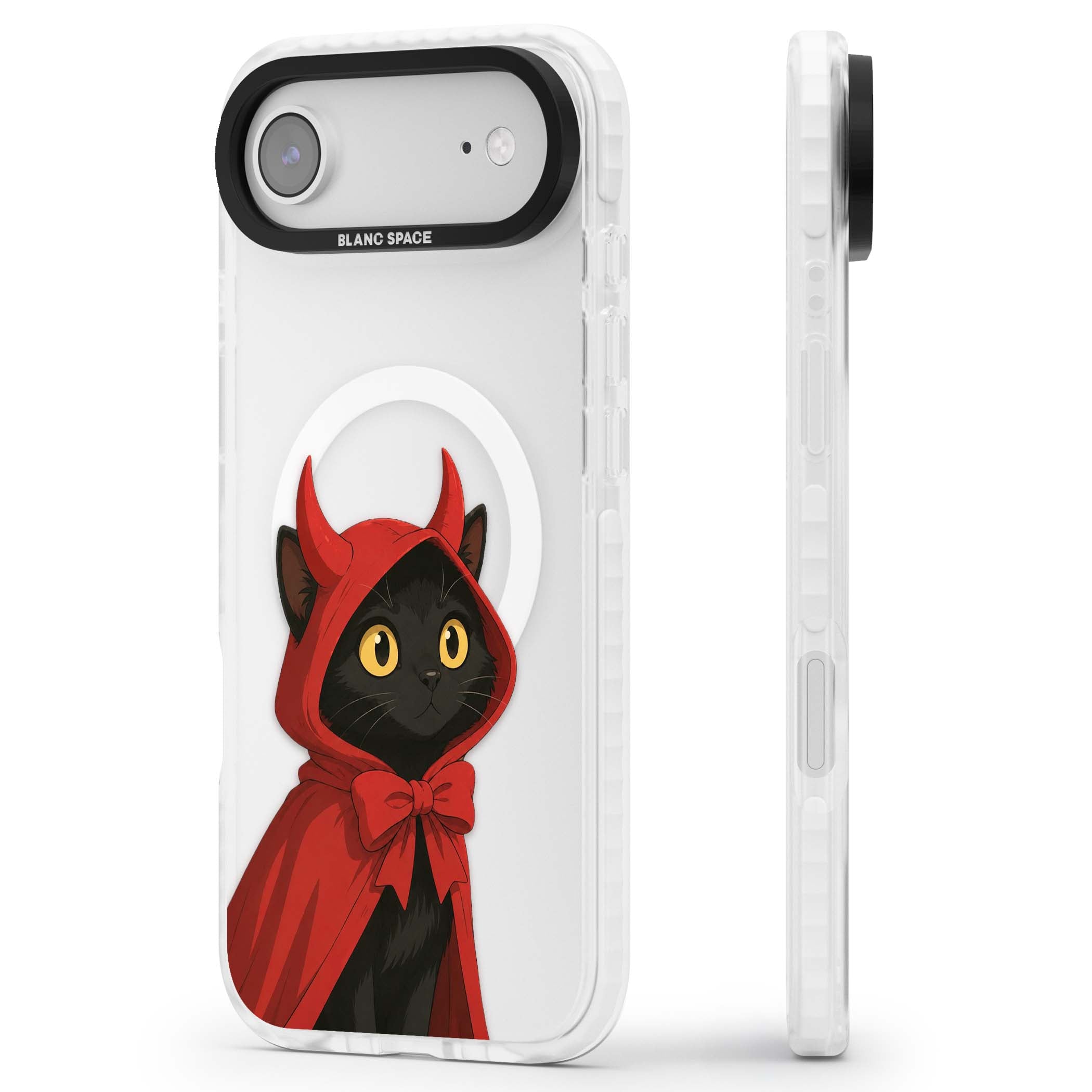 Little Devil halloween iPhone case featuring a black cat in a red hooded devil cloak with horns and golden eyes | Impact Magsafe case for iPhone Air