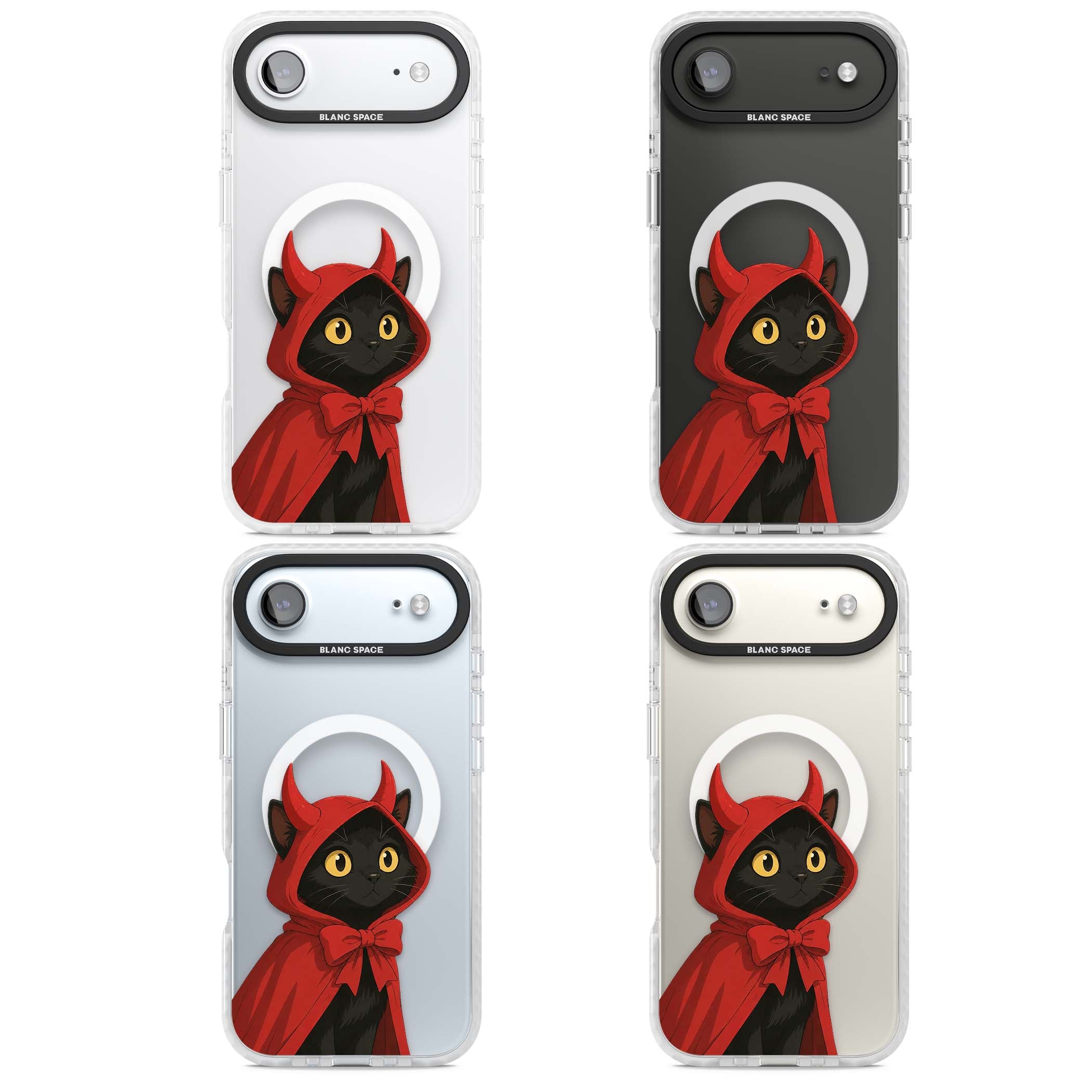 Little Devil halloween iPhone case featuring a black cat in a red hooded devil cloak with horns and golden eyes | Impact Magsafe case for iPhone Air