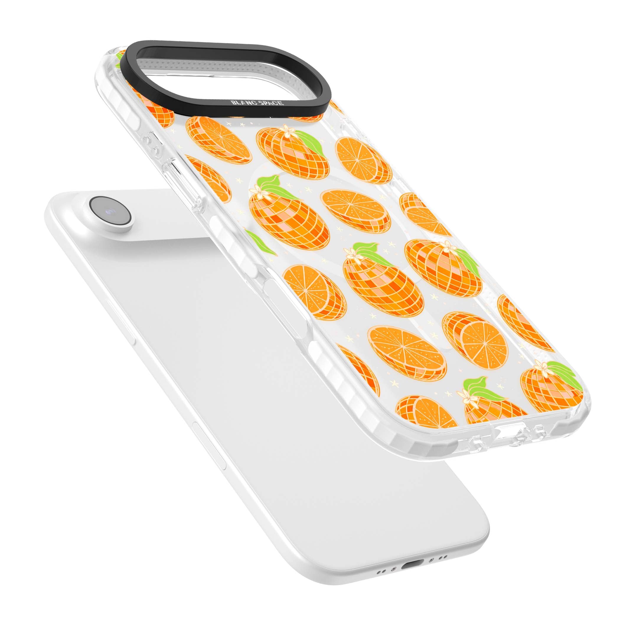 Disco Oranges retro iPhone case featuring mirrorball oranges, citrus slices and tiny blossoms on clear | Impact Magsafe case for iPhone Air