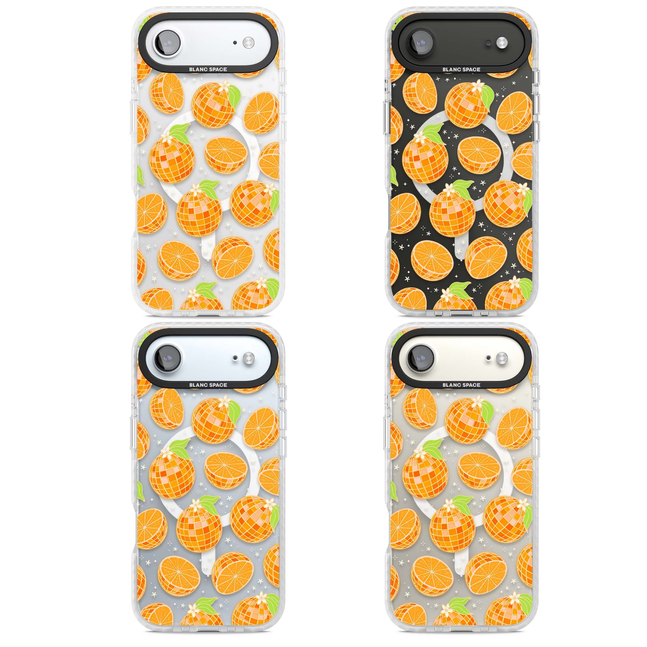Disco Oranges retro iPhone case featuring mirrorball oranges, citrus slices and tiny blossoms on clear | Impact Magsafe case for iPhone Air