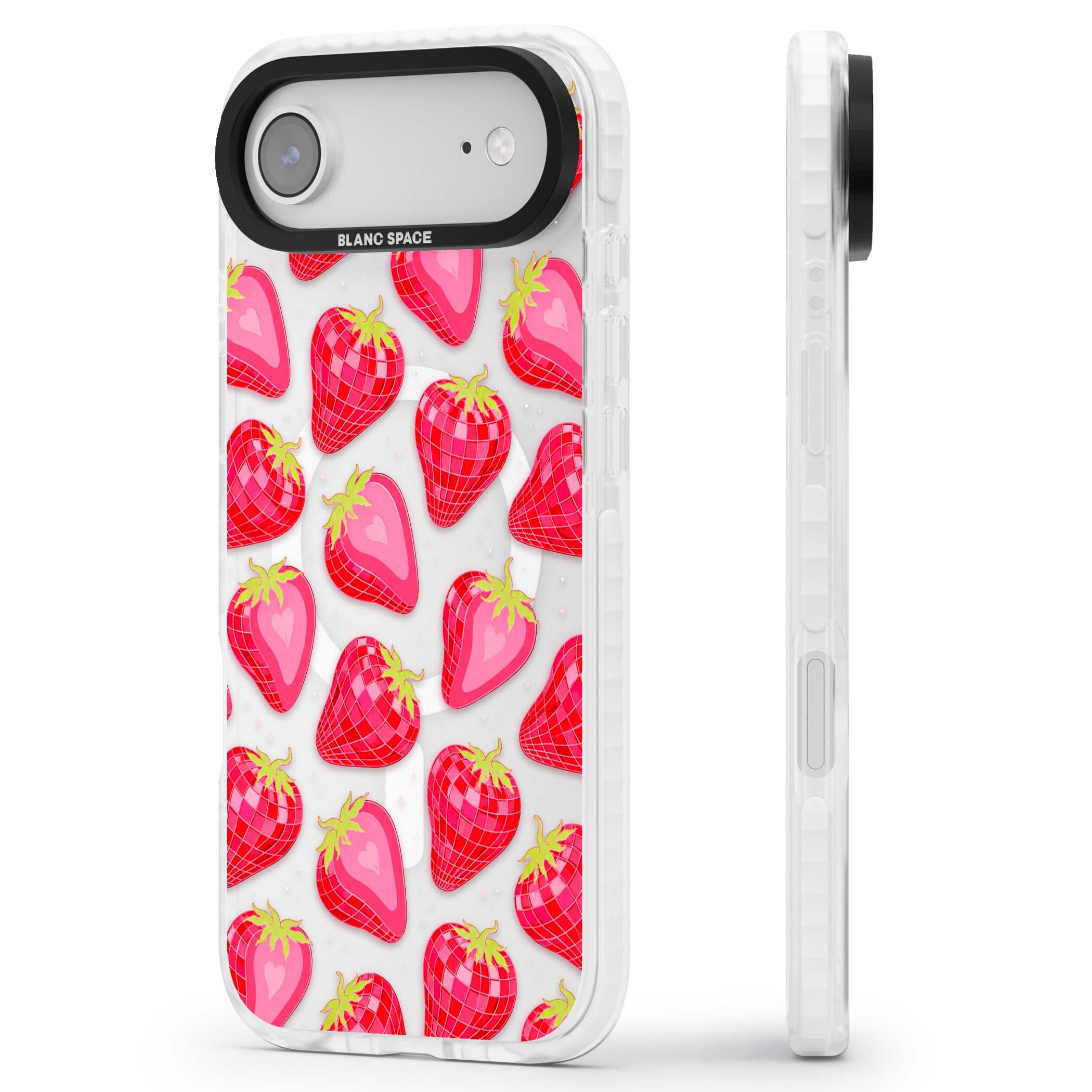 Disco Strawberry Y2K iPhone case featuring pink disco-ball strawberries, green leaves and tiny sparkles | Impact Magsafe case for iPhone Air
