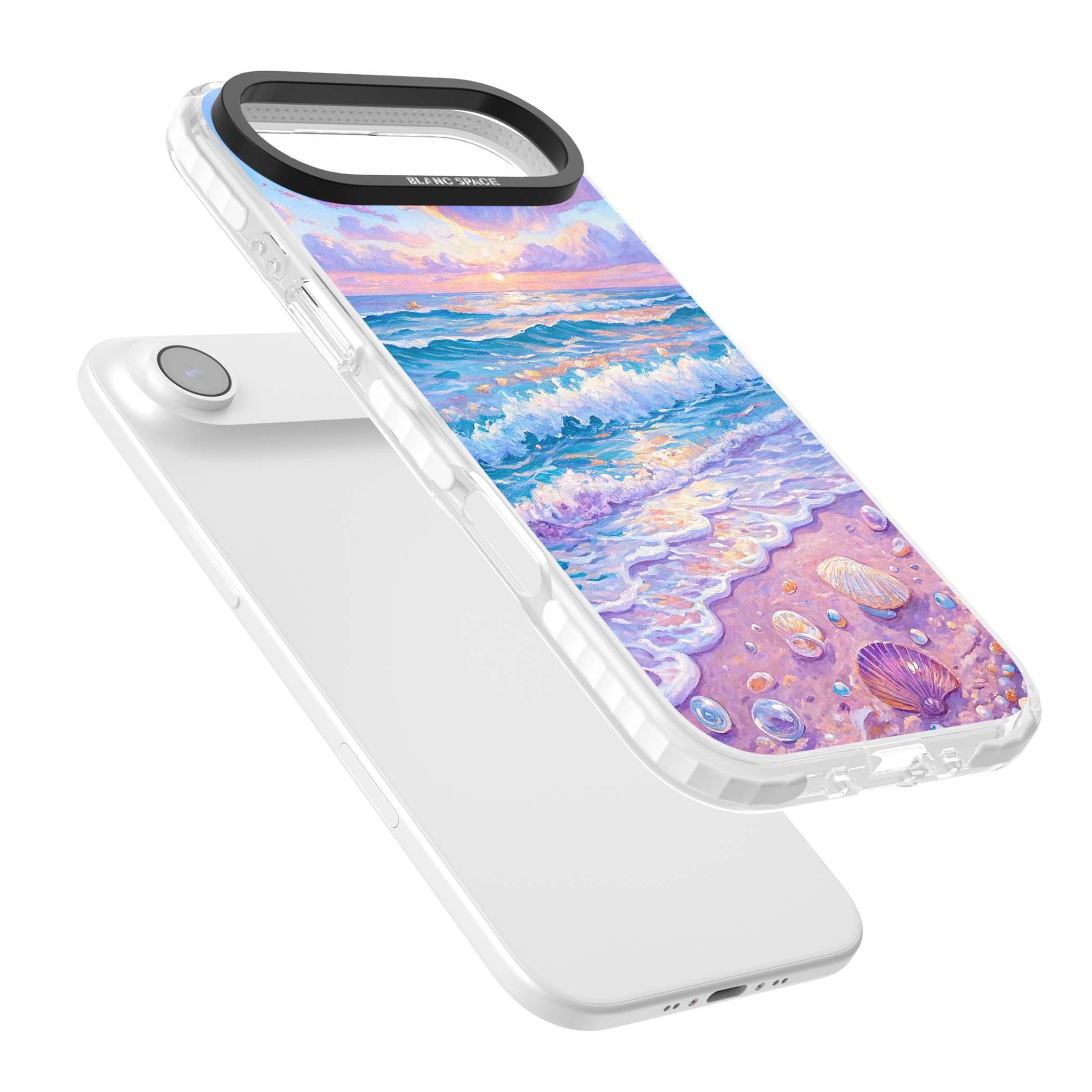 Pearl Shore coastal iPhone case featuring pastel painted waves, seashells, and a sunrise sky over a lavender beach. | Impact Magsafe case for iPhone Air