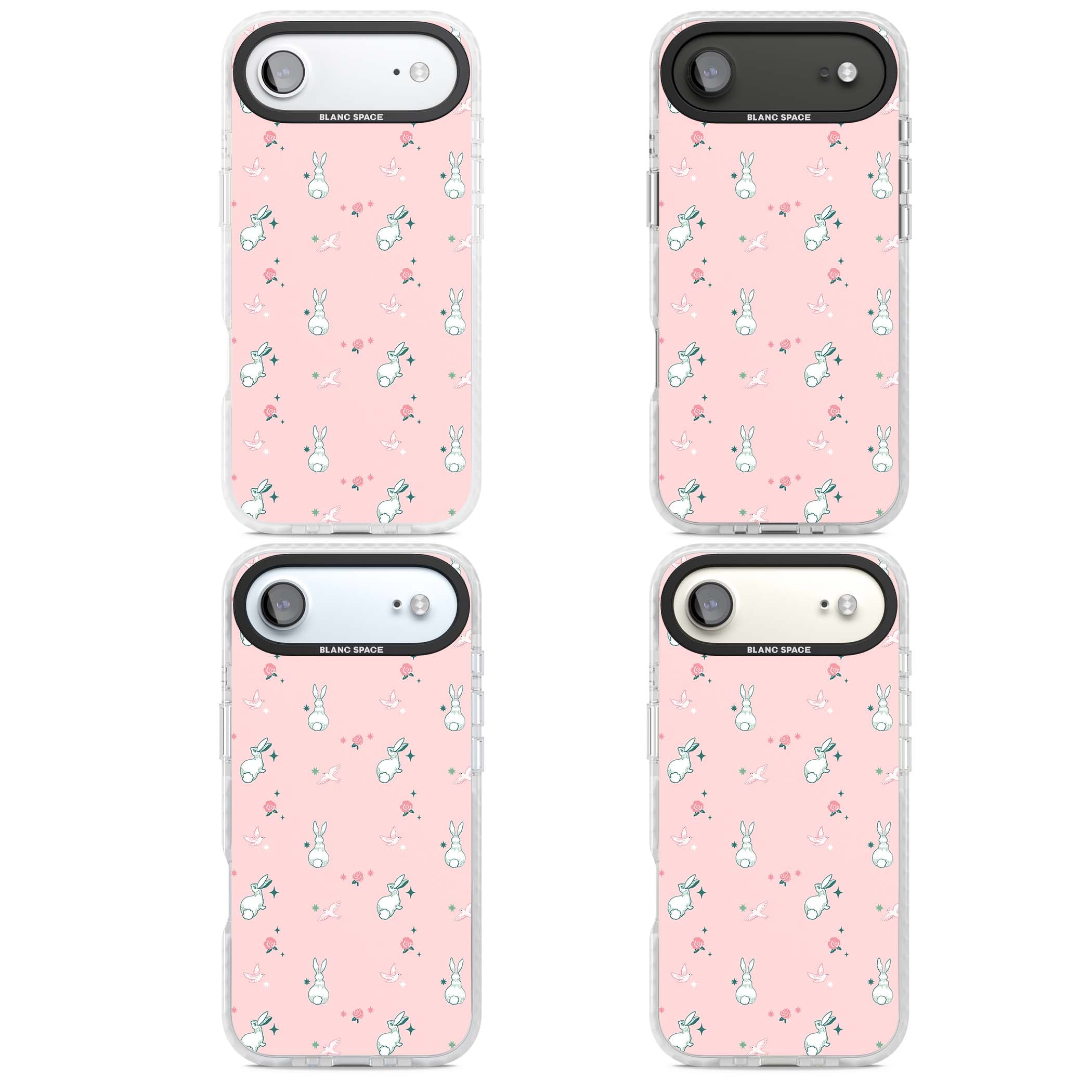 Bunny Garden kawaii iPhone case featuring white rabbits, pink roses, doves and stars on pink background | Impact Magsafe case for iPhone Air