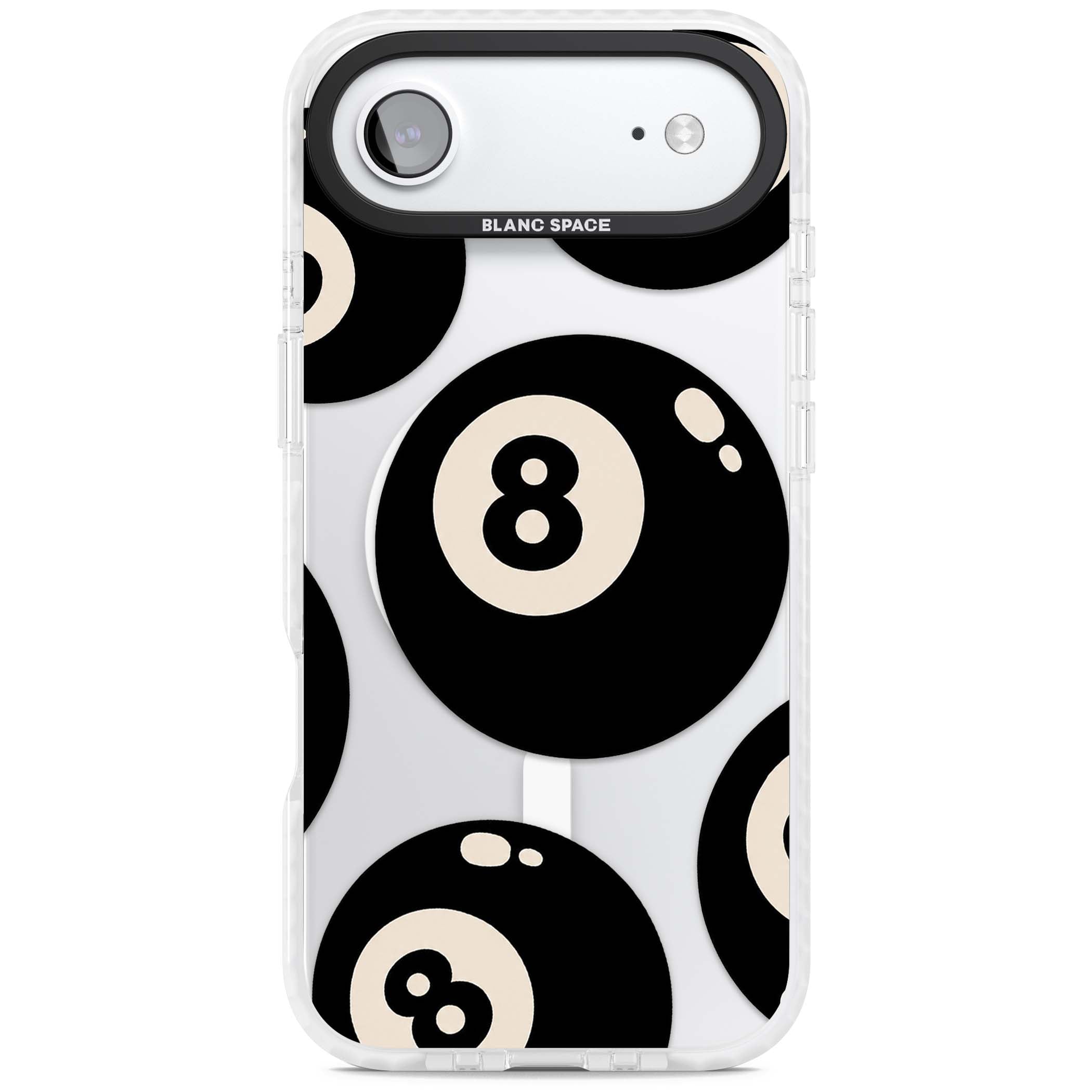 Eights y2k iPhone case featuring scattered black 8 balls with cream highlights on a clear background | Impact Magsafe case for iPhone Air