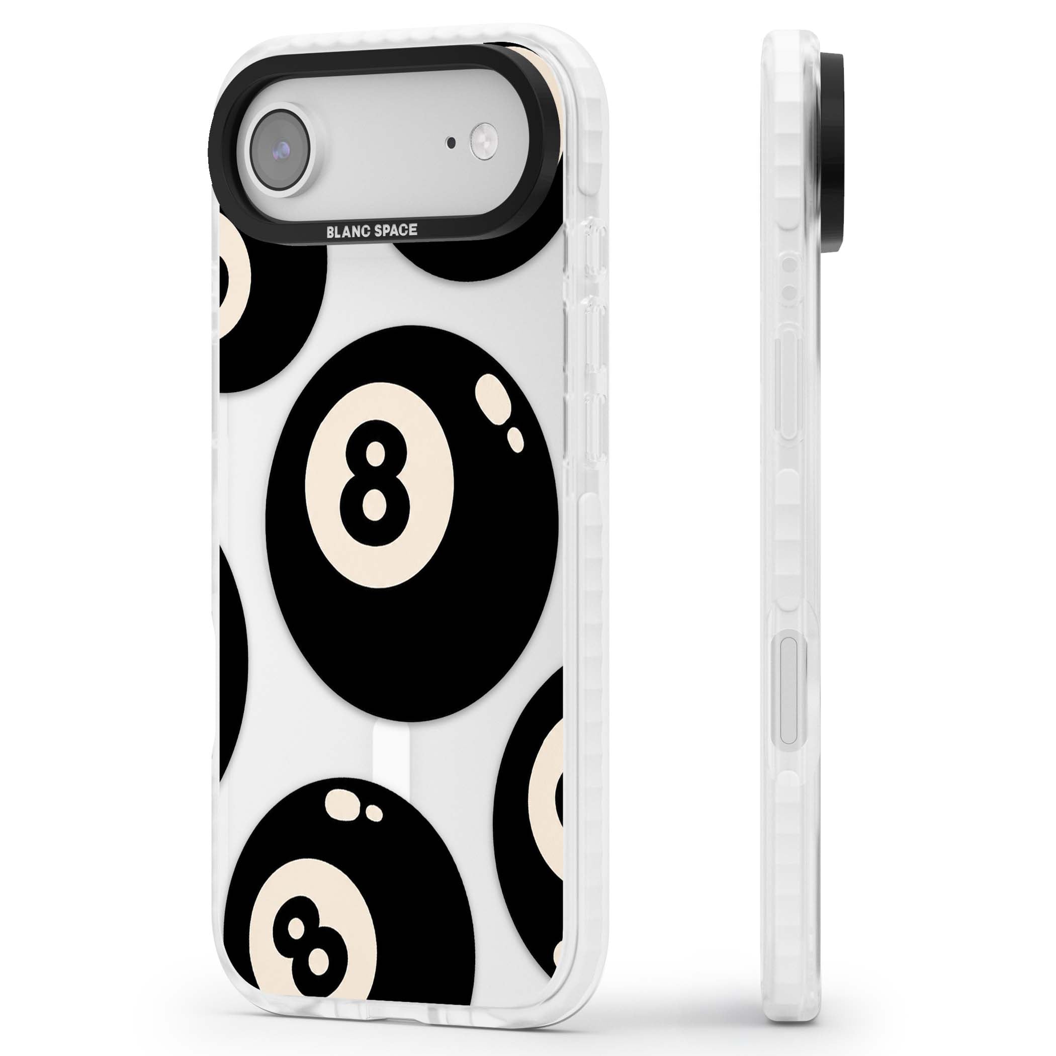Eights y2k iPhone case featuring scattered black 8 balls with cream highlights on a clear background | Impact Magsafe case for iPhone Air