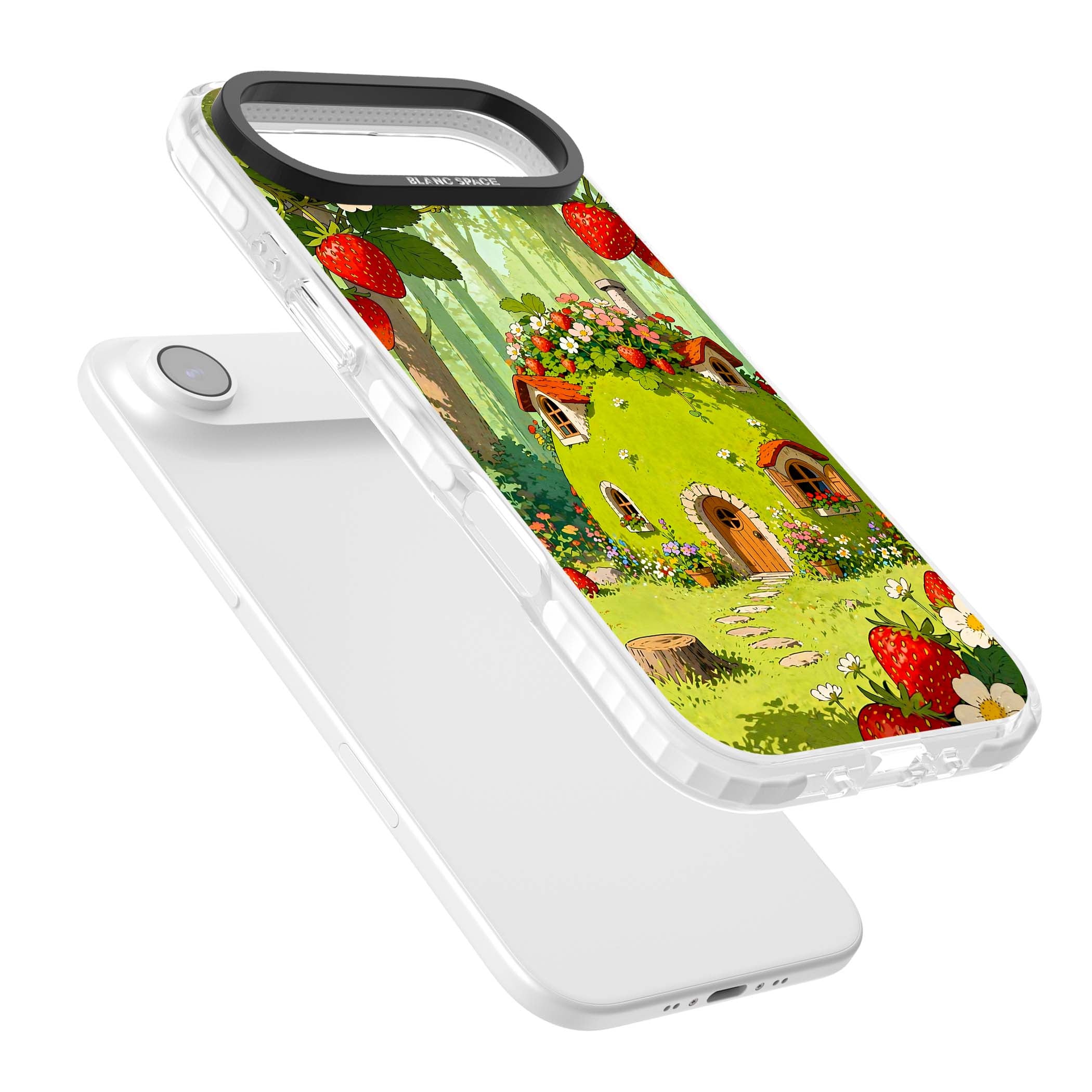 Strawberry Cottage cottagecore iPhone case featuring a green fairy house, wild strawberries and enchanted forest flowers | Impact Magsafe case for iPhone Air