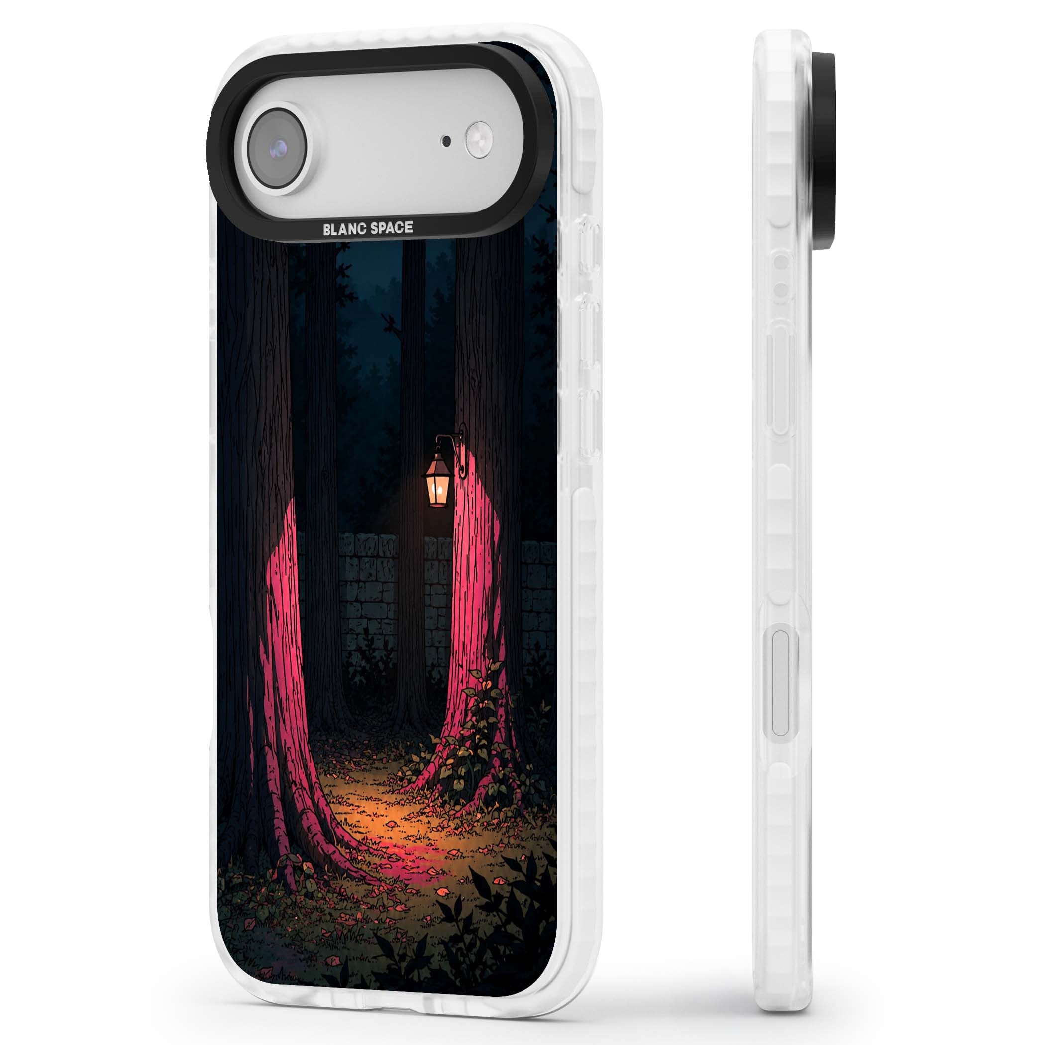 Forest Lantern dark academia iPhone case featuring a moonlit forest, glowing lantern, and stone wall pathway | Impact Magsafe case for iPhone Air