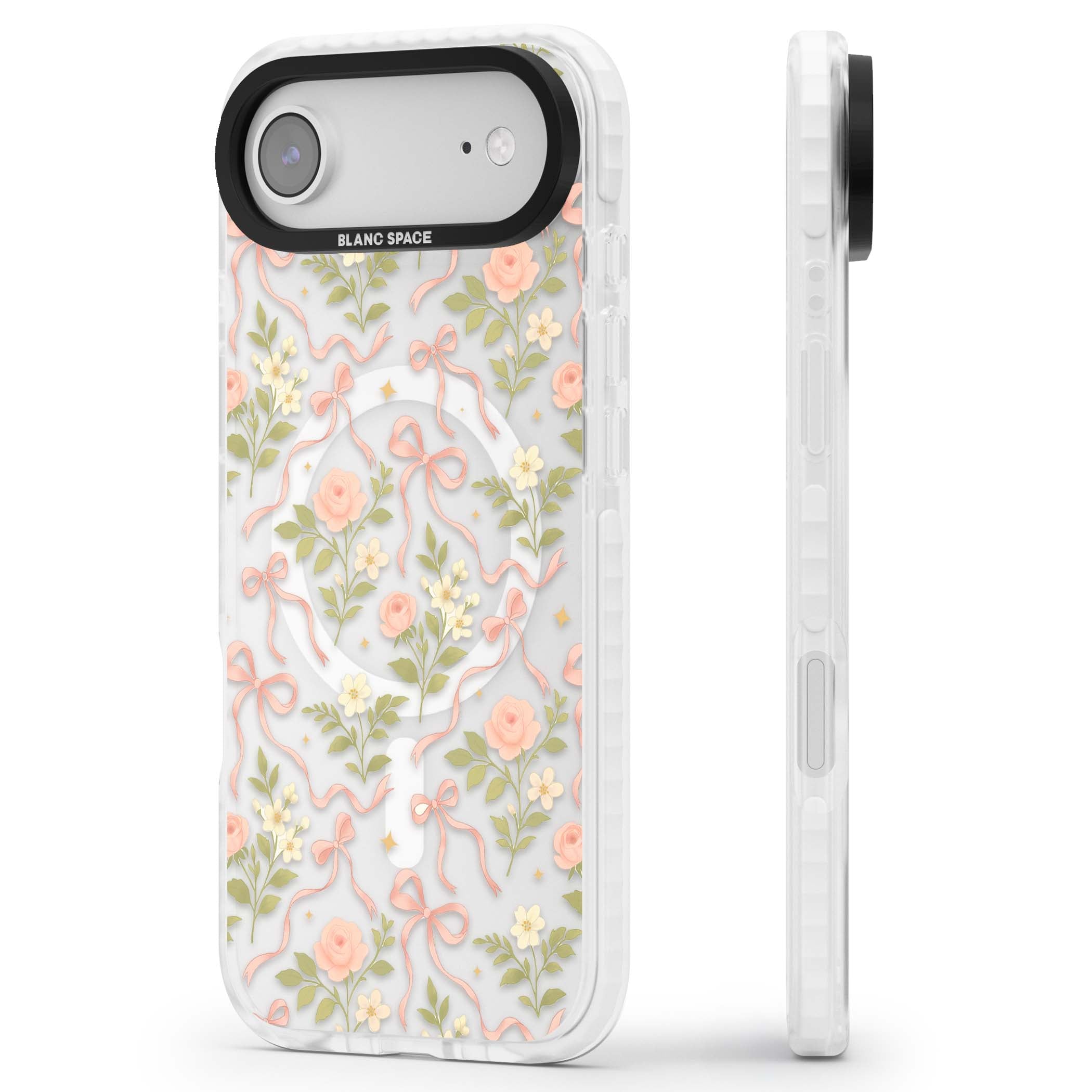Ribbon Garden coquette iPhone case featuring pink bows, peach roses and wildflowers on white background | Impact Magsafe case for iPhone Air