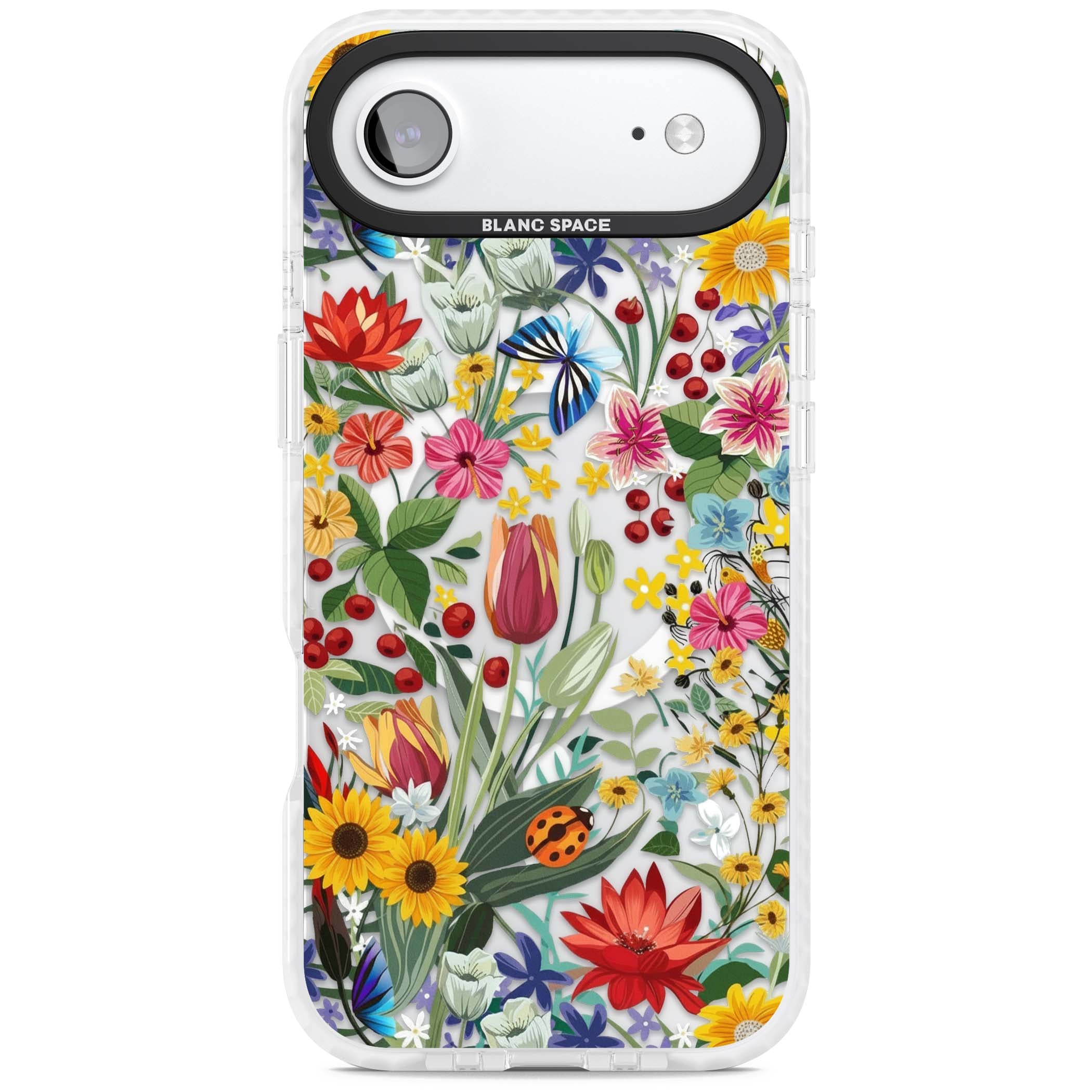 Botanical Bloom cottagecore iPhone case featuring colorful wildflowers, sunflowers, and ladybugs on clear background | Impact Magsafe case for iPhone Air
