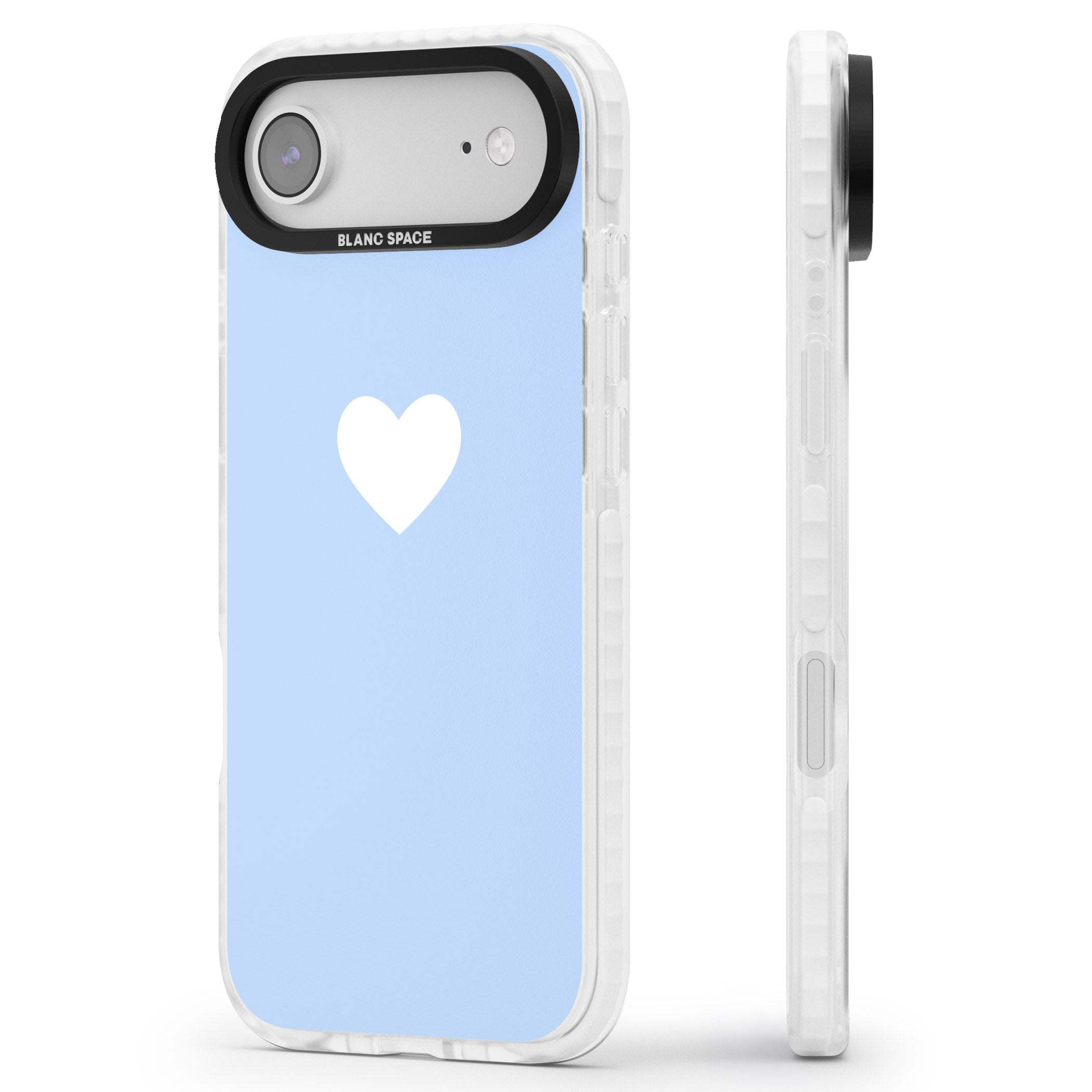 Single Heart Design: White & Baby Blue iPhone 17 Air Impact Pro Clear Phone Case Side Profile
