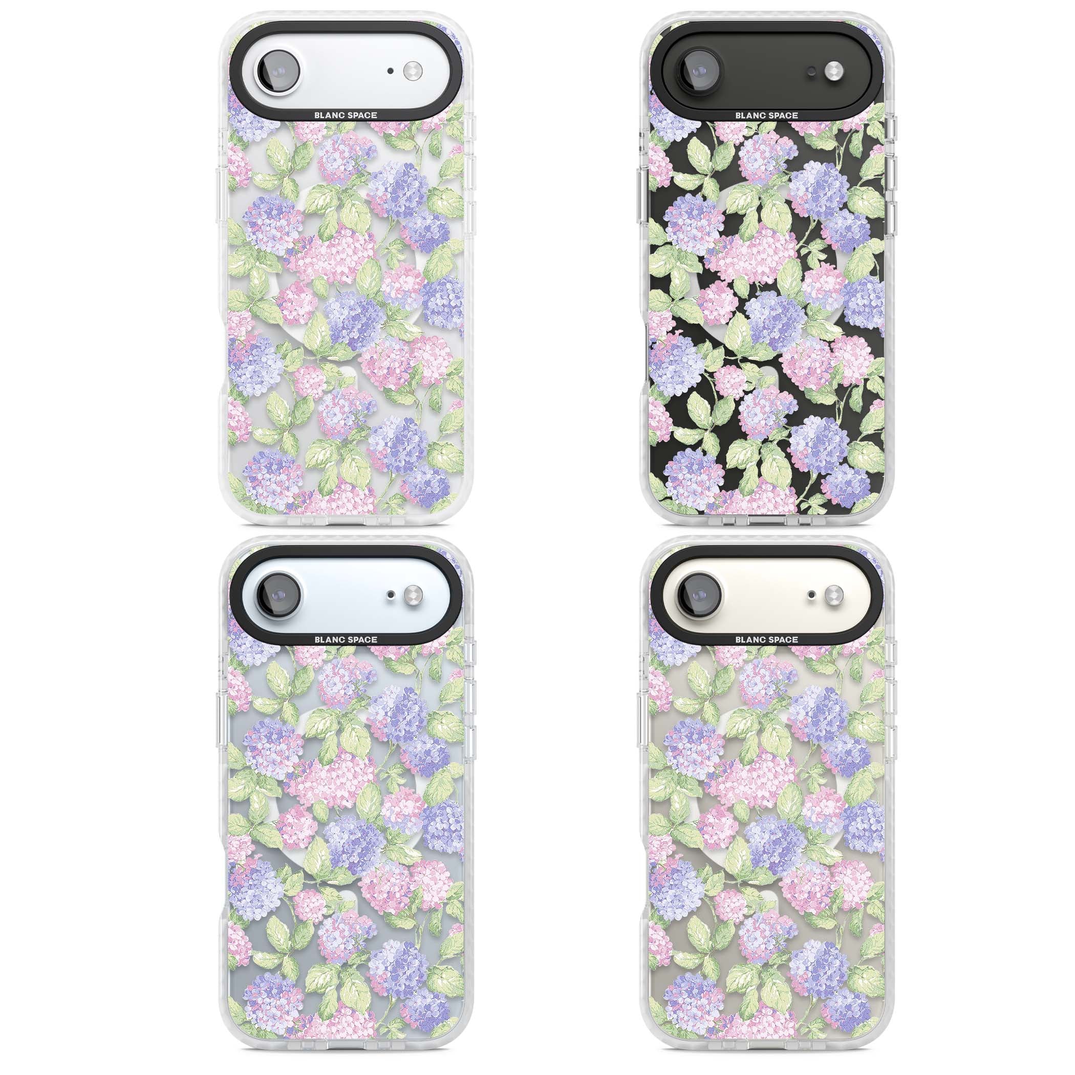Cottage Hydrangea cottagecore iPhone case featuring pink and purple hydrangea blooms with green leaves on a clear background | Impact Magsafe case for iPhone Air