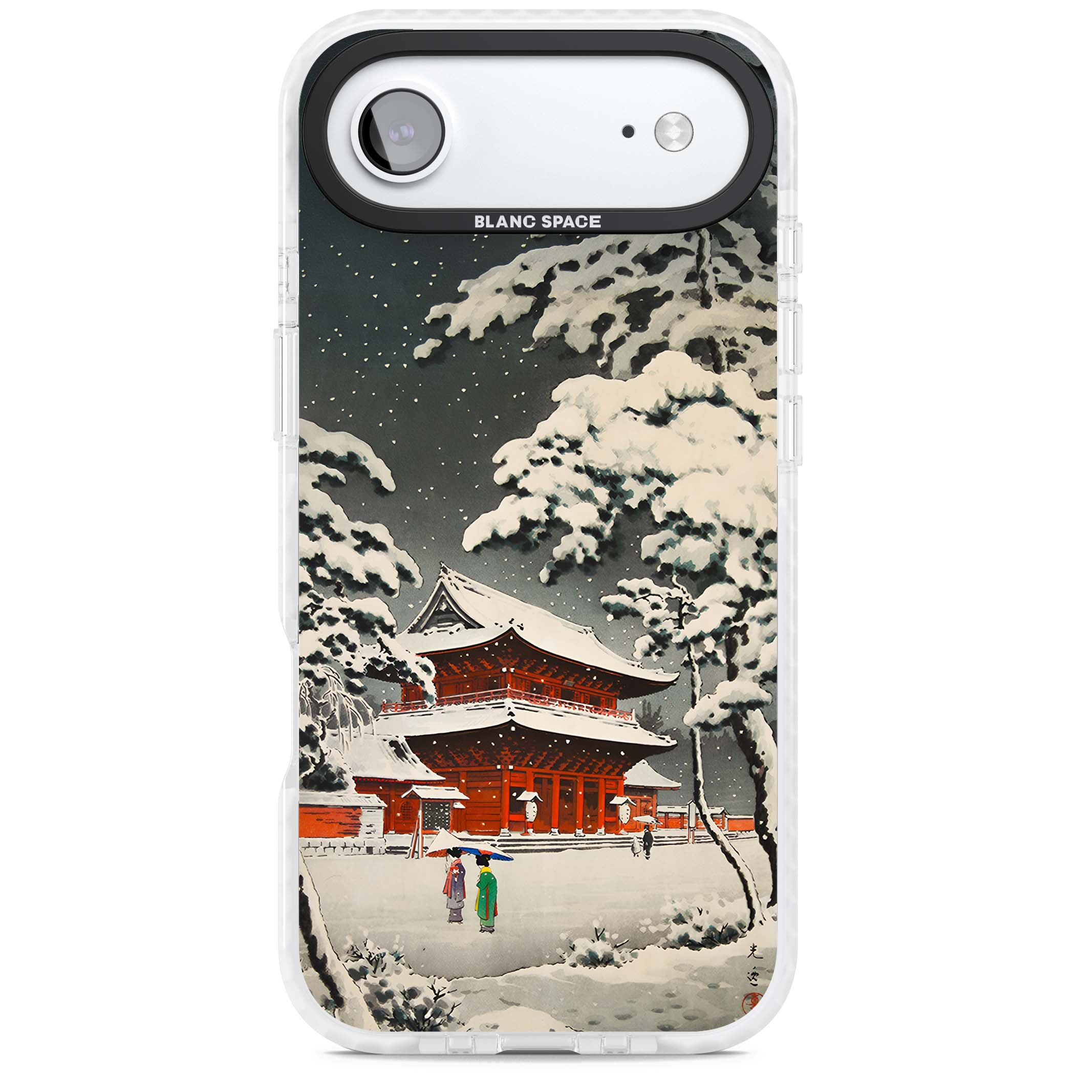 Snow at Shiha Park, Tokyo Japanese art iPhone case featuring a vintage ukiyo-e snowy temple, red pagoda, and snow-covered pin | Impact Magsafe case for iPhone Air