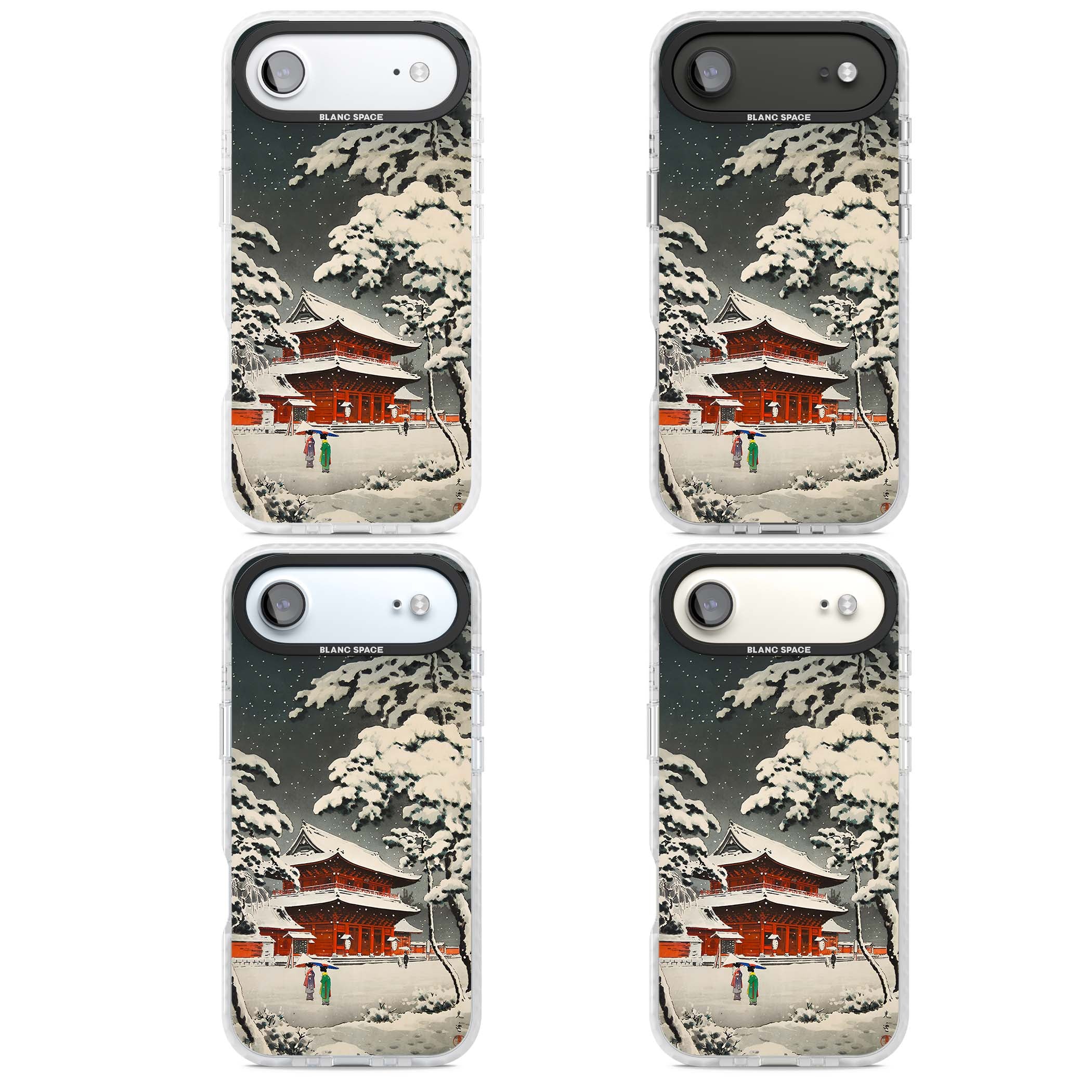 Snow at Shiha Park, Tokyo Japanese art iPhone case featuring a vintage ukiyo-e snowy temple, red pagoda, and snow-covered pin | Impact Magsafe case for iPhone Air