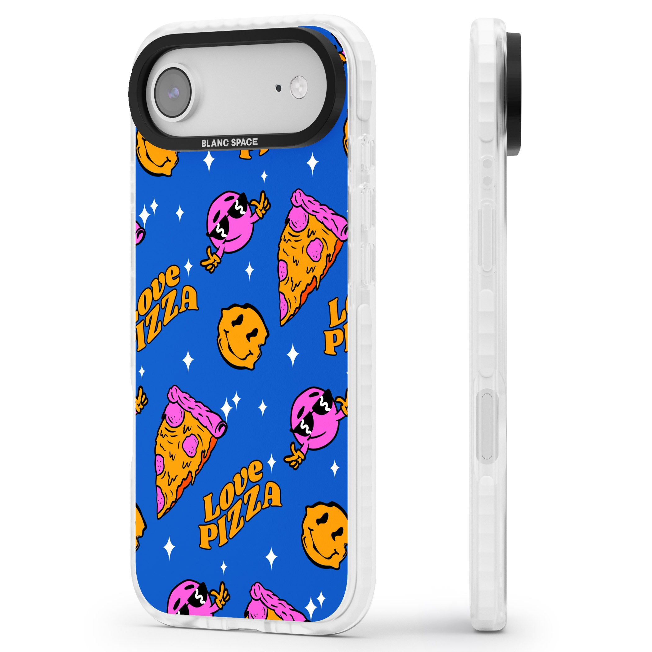 Psychedelic Love Pizza Pattern iPhone 17 Air Impact Pro Clear Phone Case Side Profile