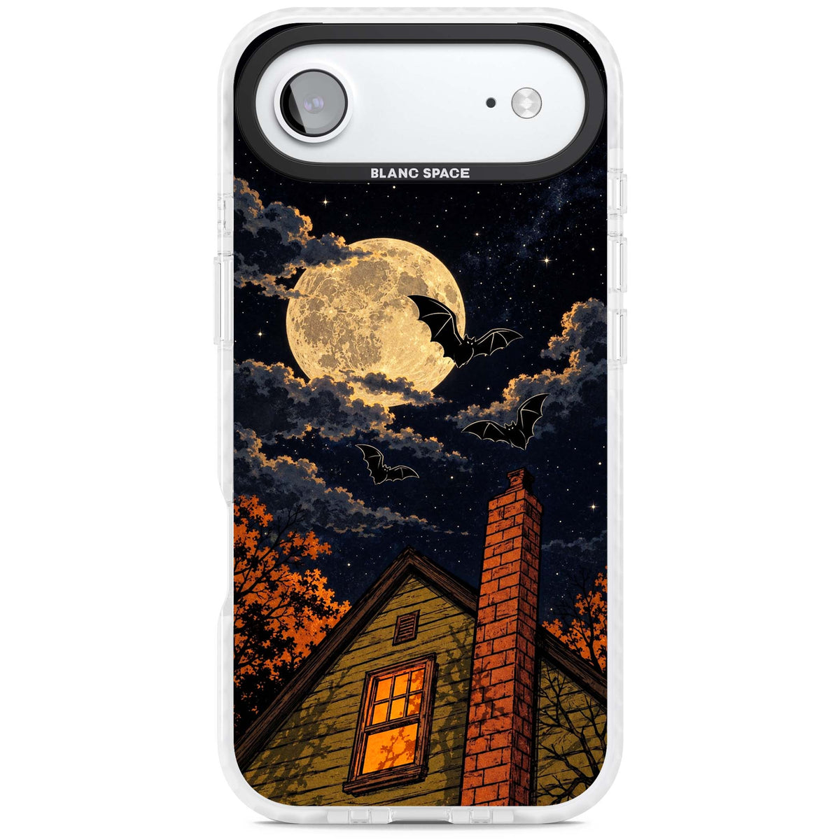 Hollows Eve Halloween iPhone case featuring a haunted house, full moon and flying bats against a starry autumn sky | Impact Magsafe case for iPhone Air