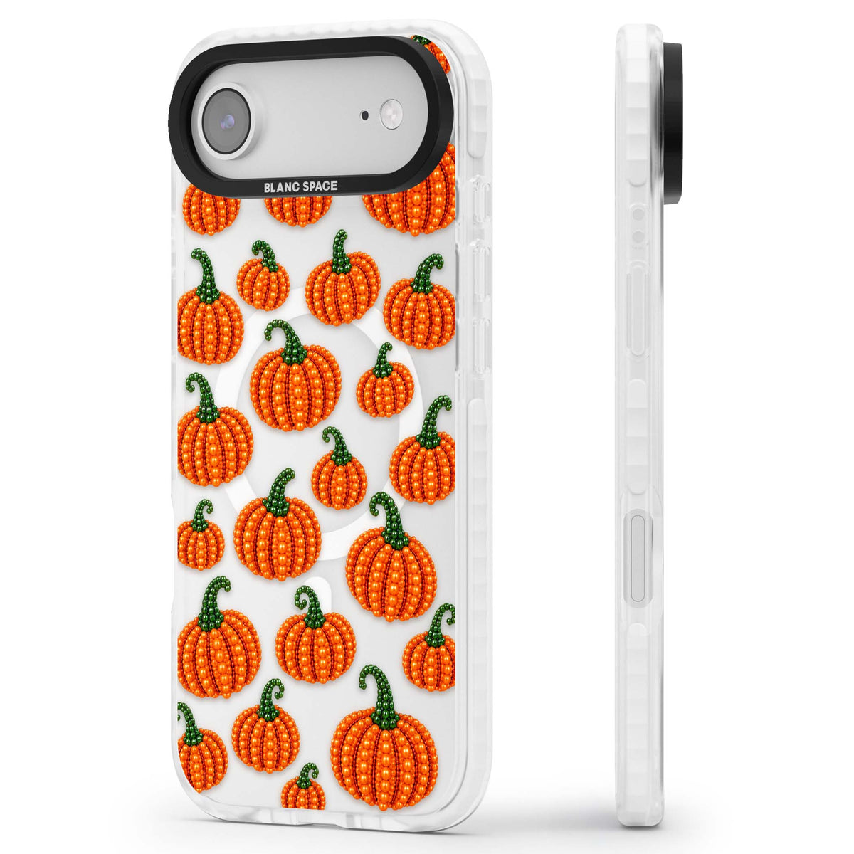 Beaded Pumpkins halloween iPhone case featuring beaded orange pumpkins with green stems on a clear background | Impact Magsafe case for iPhone Air