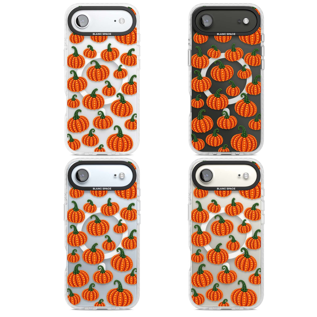 Beaded Pumpkins halloween iPhone case featuring beaded orange pumpkins with green stems on a clear background | Impact Magsafe case for iPhone Air