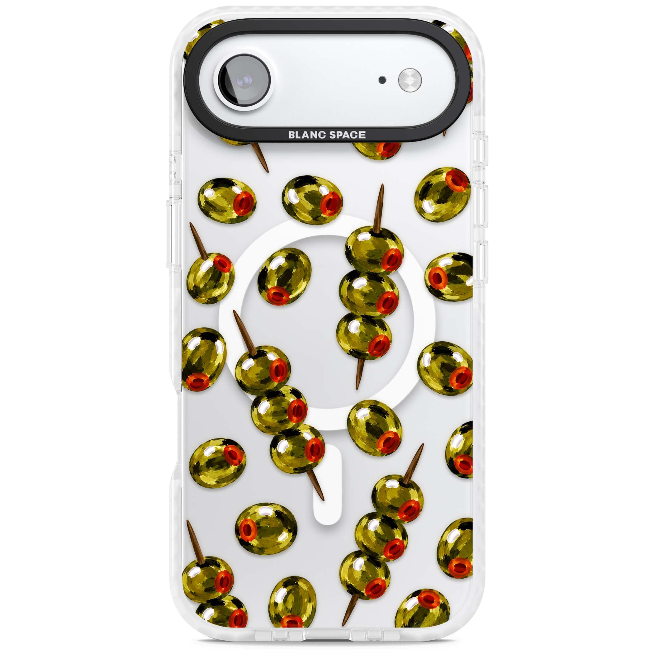 Painted Olives cocktail iPhone case featuring green olives, pimento centres and toothpick skewers on a clear background | Impact Magsafe case for iPhone Air