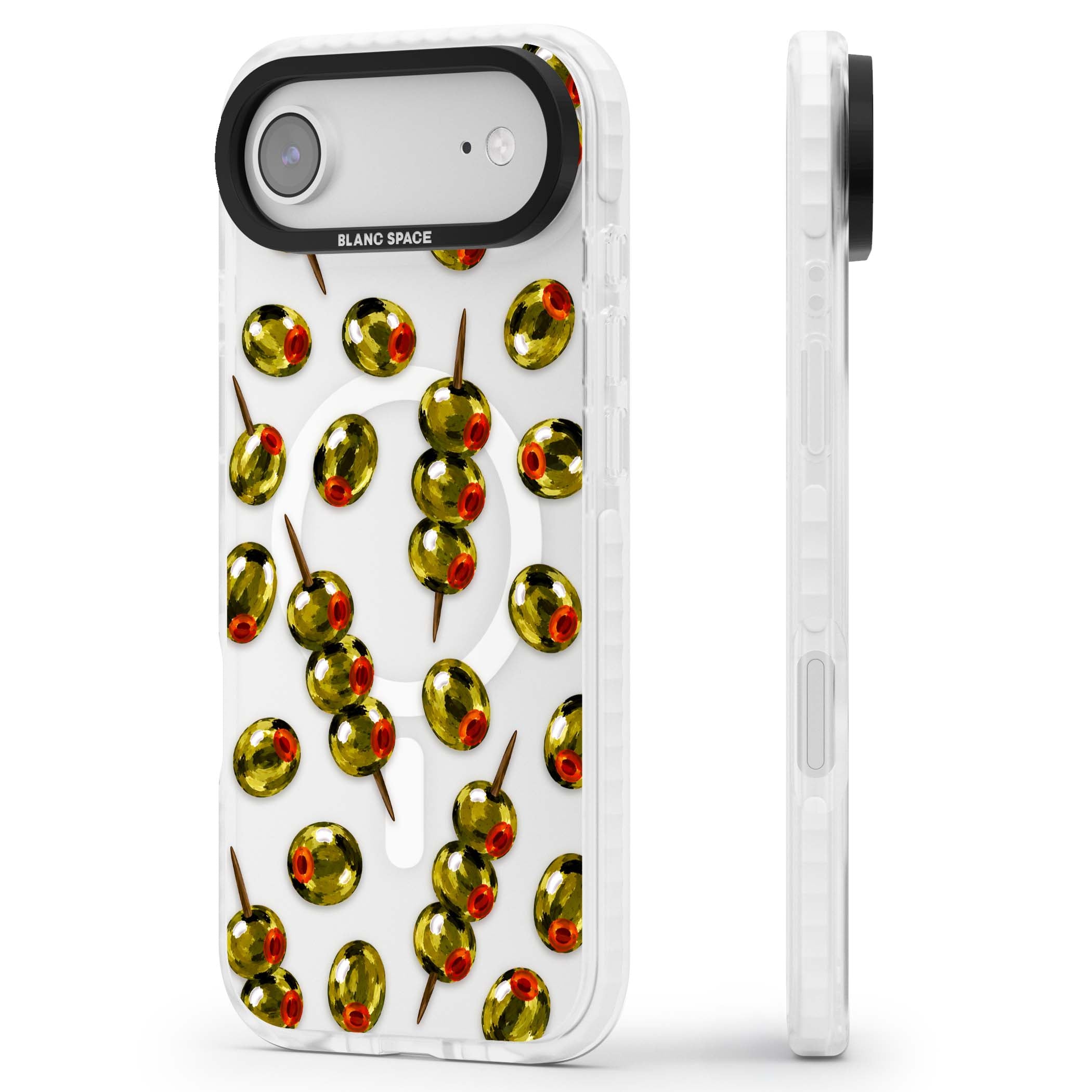 Painted Olives cocktail iPhone case featuring green olives, pimento centres and toothpick skewers on a clear background | Impact Magsafe case for iPhone Air
