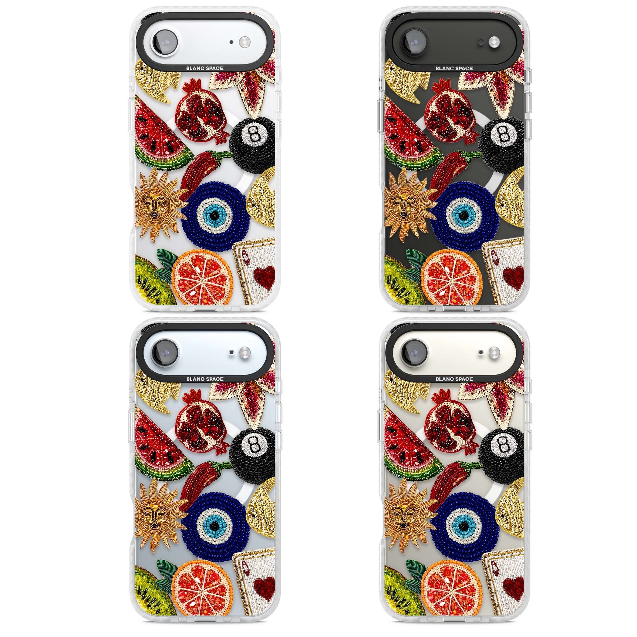 Beaded Charms embroidery iPhone case featuring beaded evil eye, fruit patches and a golden sun motif | Impact Magsafe case for iPhone Air