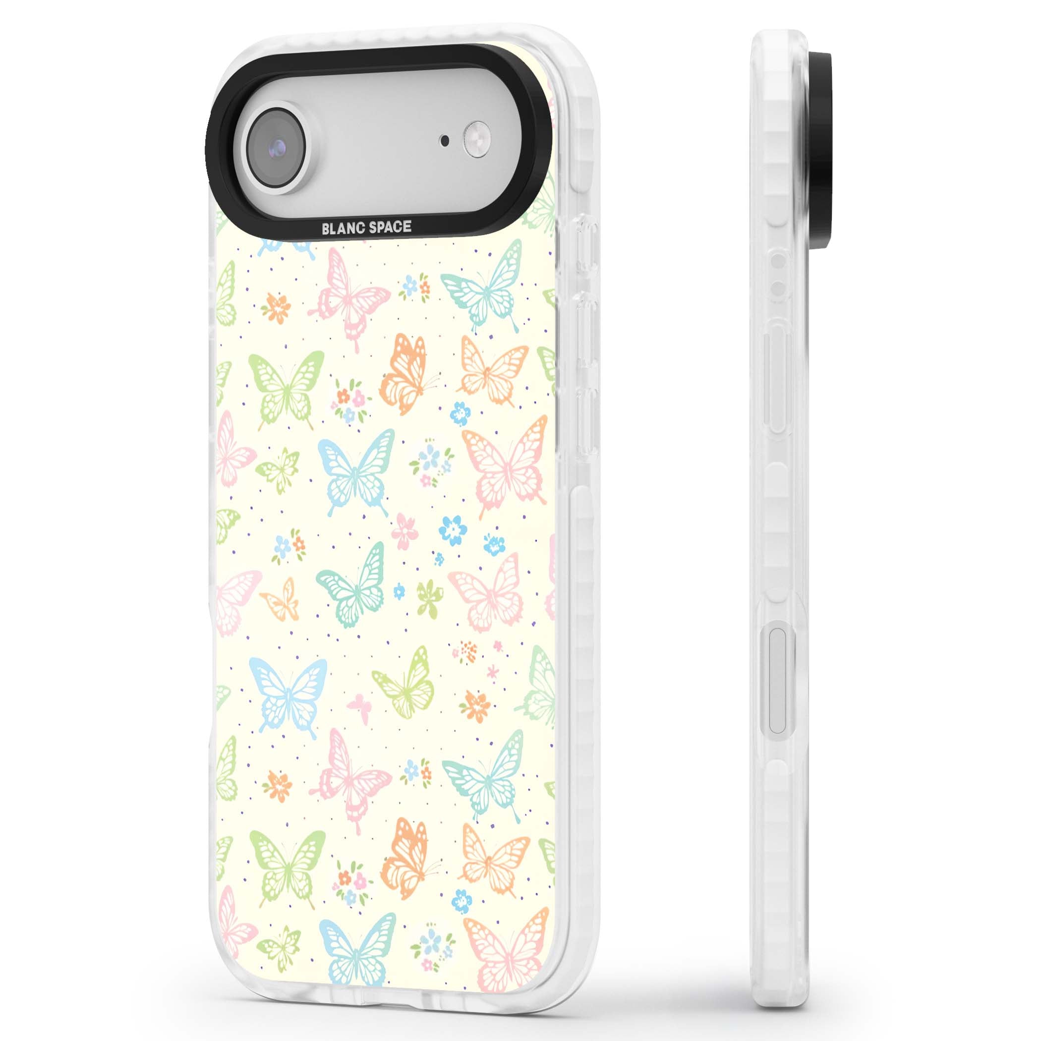 Sugar Wings cottagecore iPhone case featuring rainbow pastel butterflies, tiny wildflowers, and a cream background | Impact Magsafe case for iPhone Air