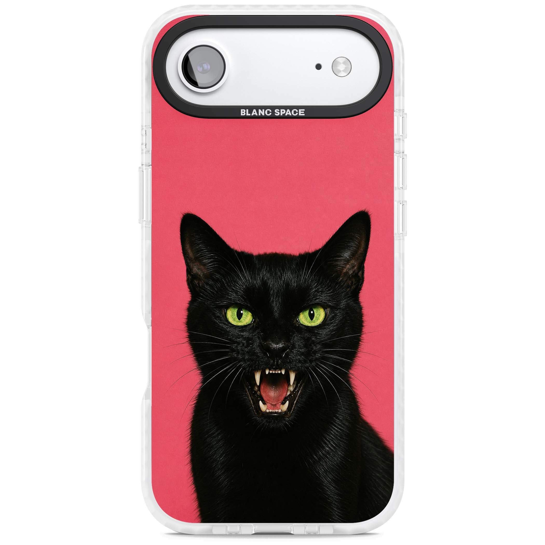 Hissin' Baddie black cat iPhone case featuring a hissing feline with green eyes on a hot pink background | Impact Magsafe case for iPhone Air
