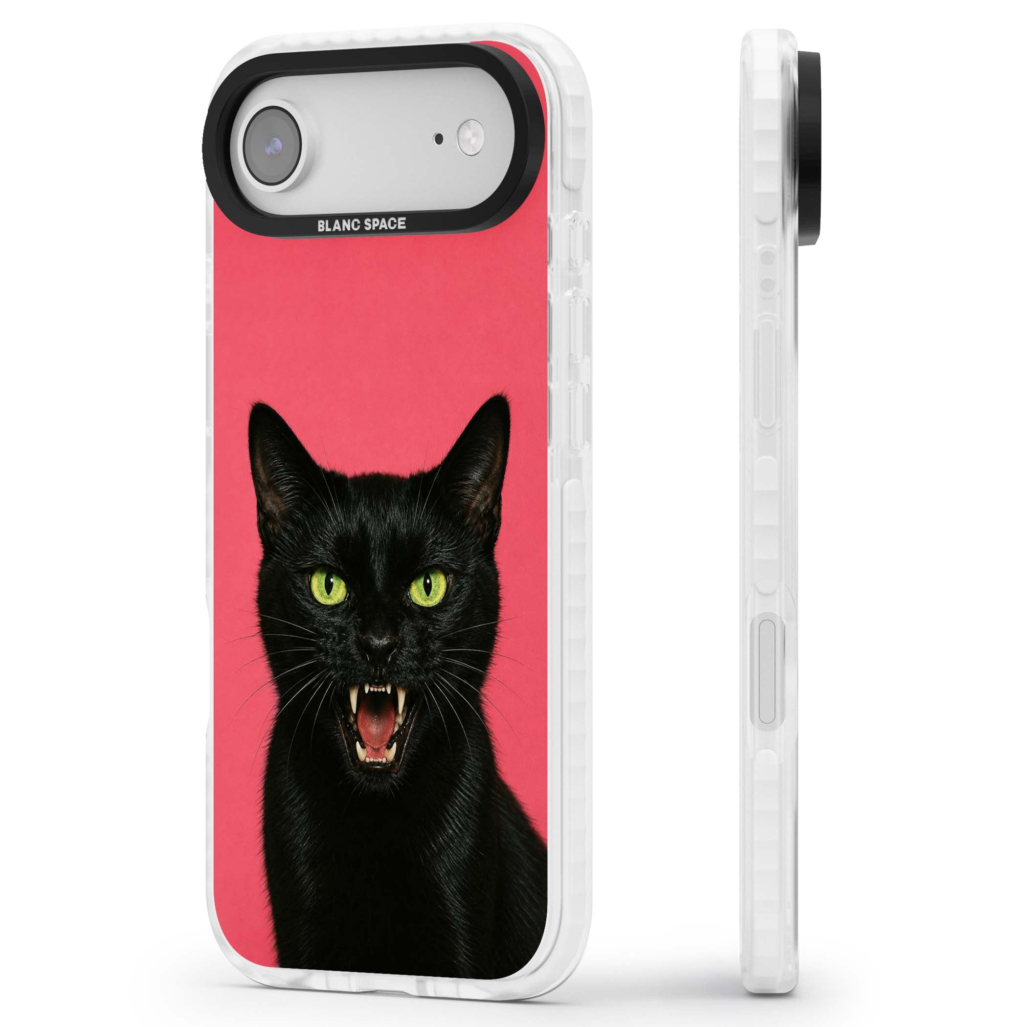 Hissin' Baddie black cat iPhone case featuring a hissing feline with green eyes on a hot pink background | Impact Magsafe case for iPhone Air