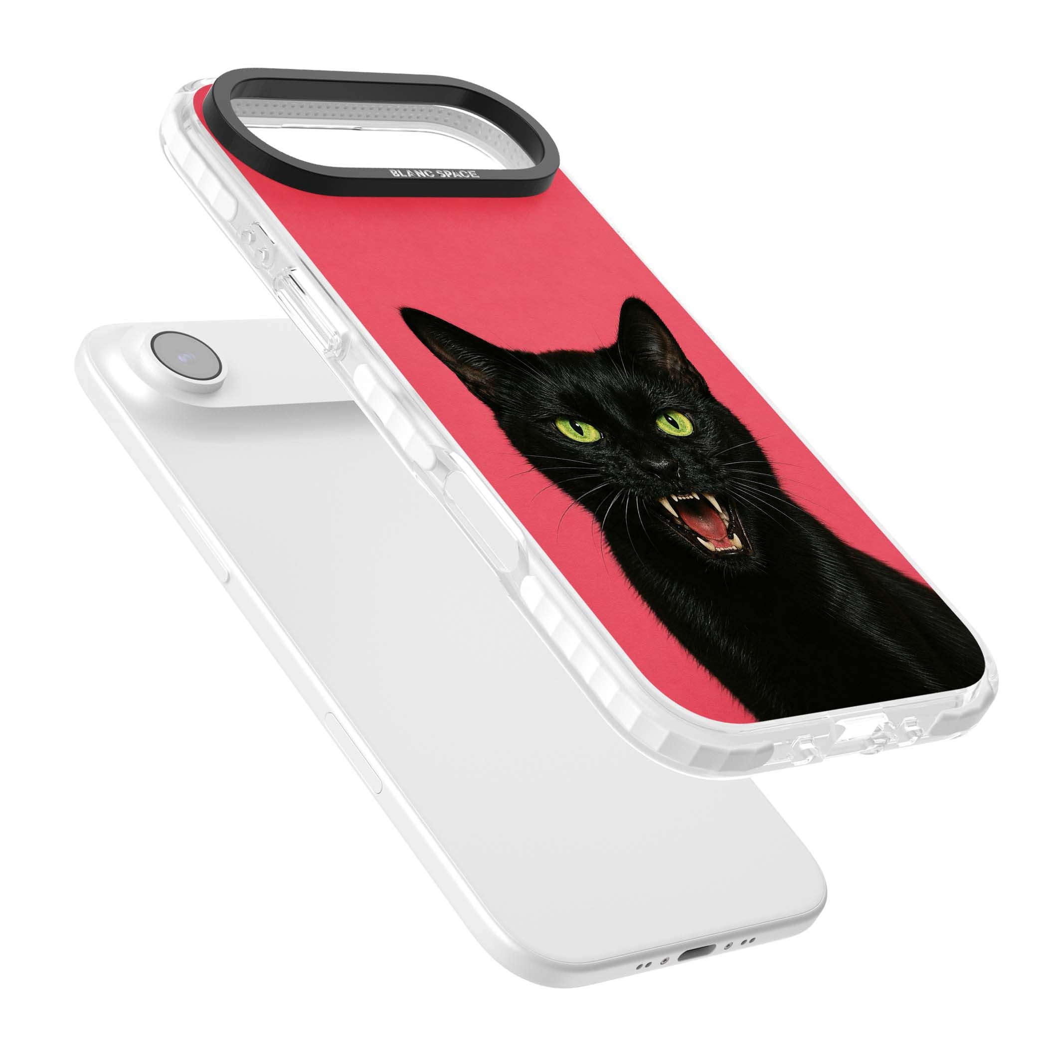 Hissin' Baddie black cat iPhone case featuring a hissing feline with green eyes on a hot pink background | Impact Magsafe case for iPhone Air