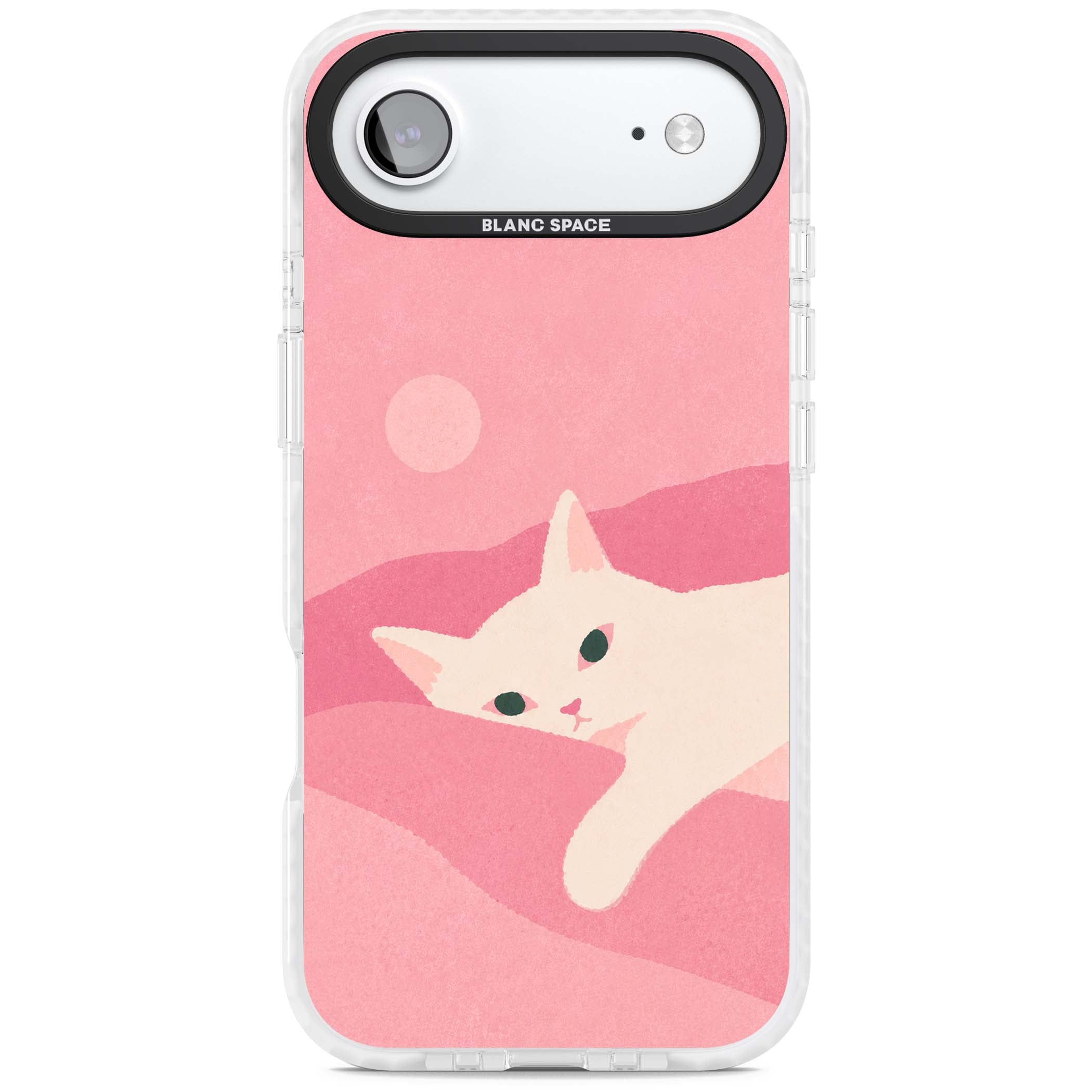 Pink Dreams cute cat iPhone case featuring a white kitten, soft pink hills and a pale pastel sun | Impact Magsafe case for iPhone Air