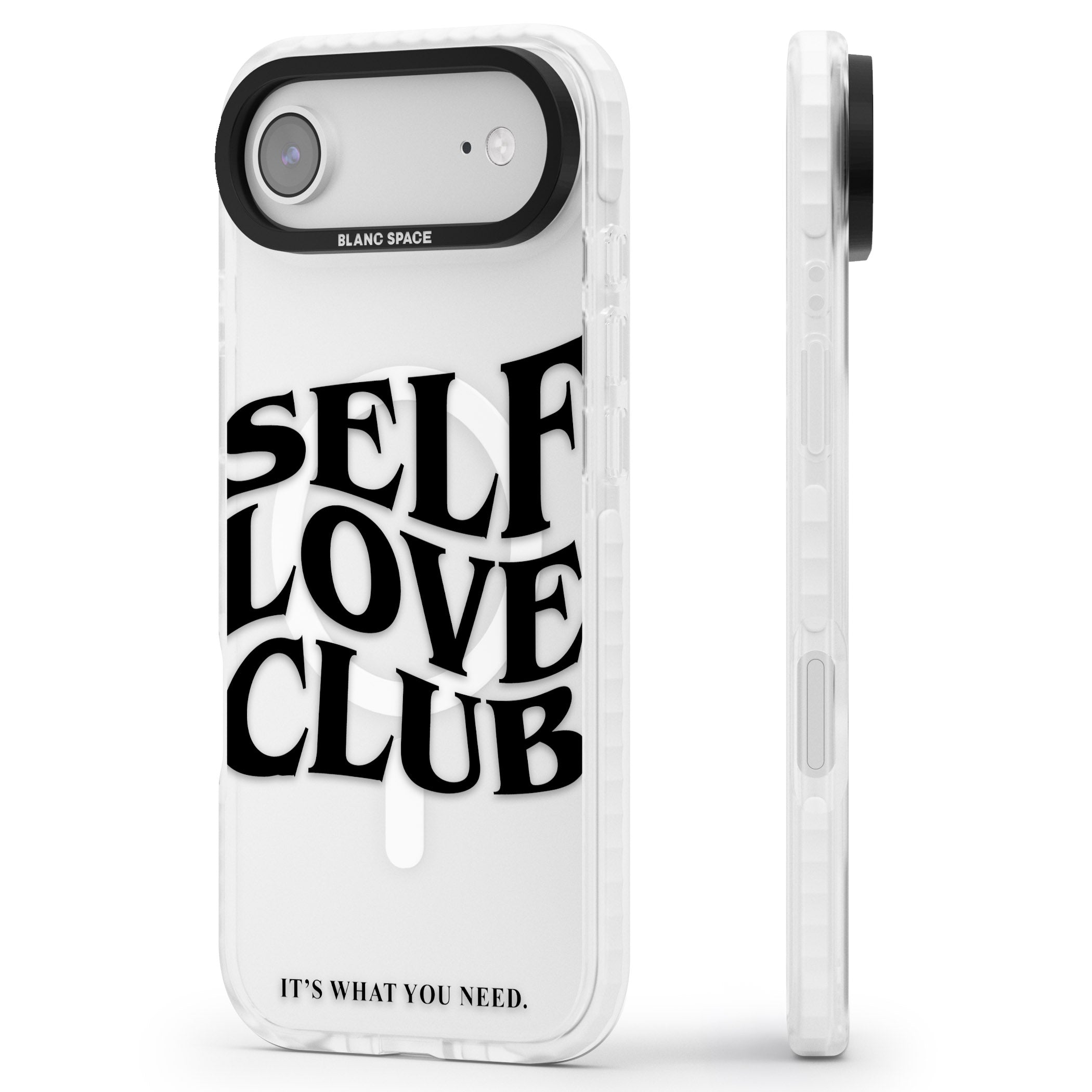 Self Love Club Black iPhone 17 Air Impact Pro Clear Phone Case Side Profile