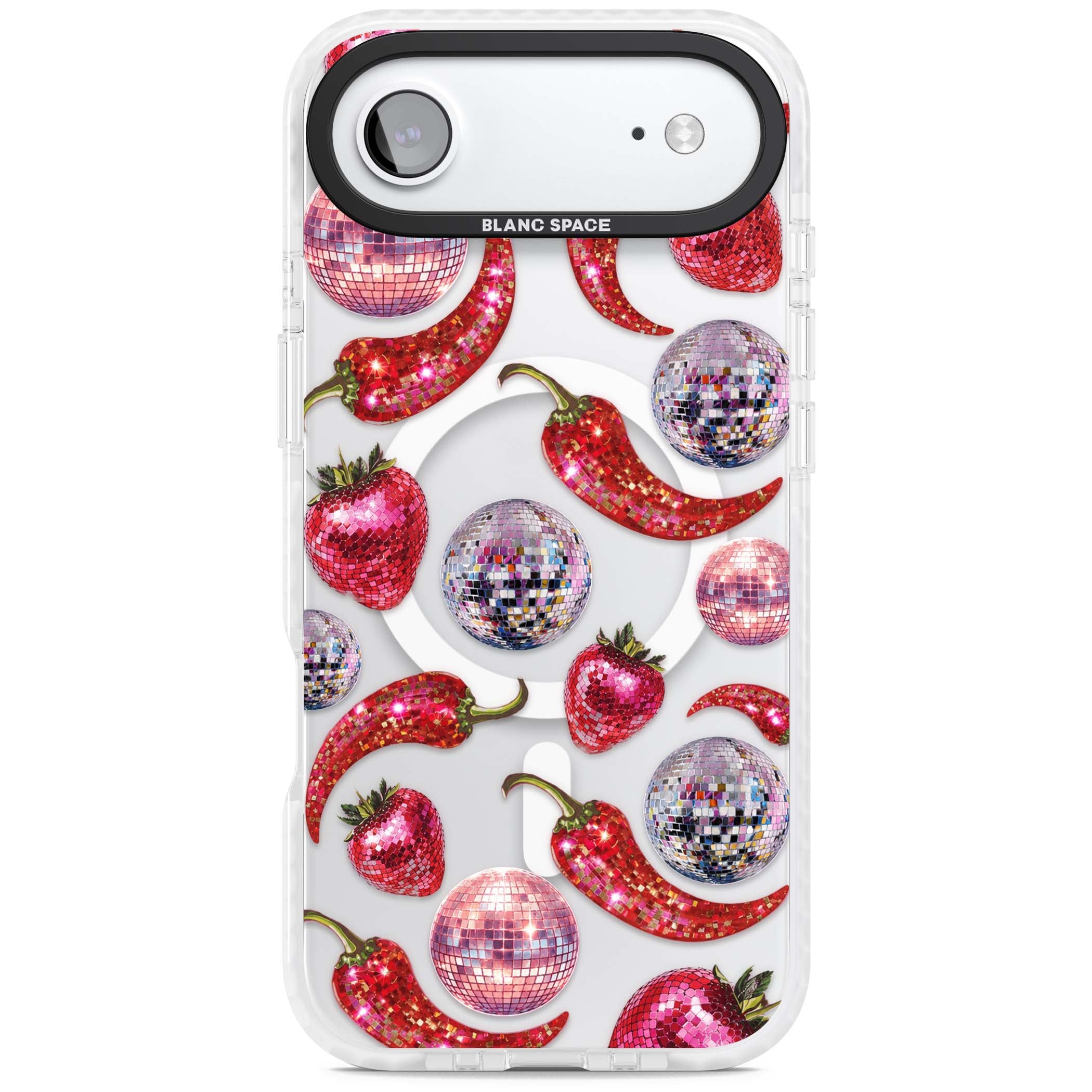 Spicy Disco Y2K iPhone case featuring glitter disco balls, sparkly strawberries and red chilli peppers | Impact Magsafe case for iPhone Air