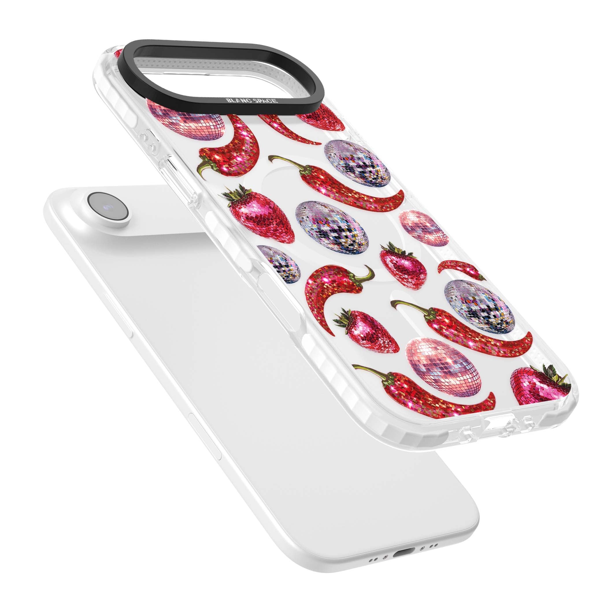 Spicy Disco Y2K iPhone case featuring glitter disco balls, sparkly strawberries and red chilli peppers | Impact Magsafe case for iPhone Air