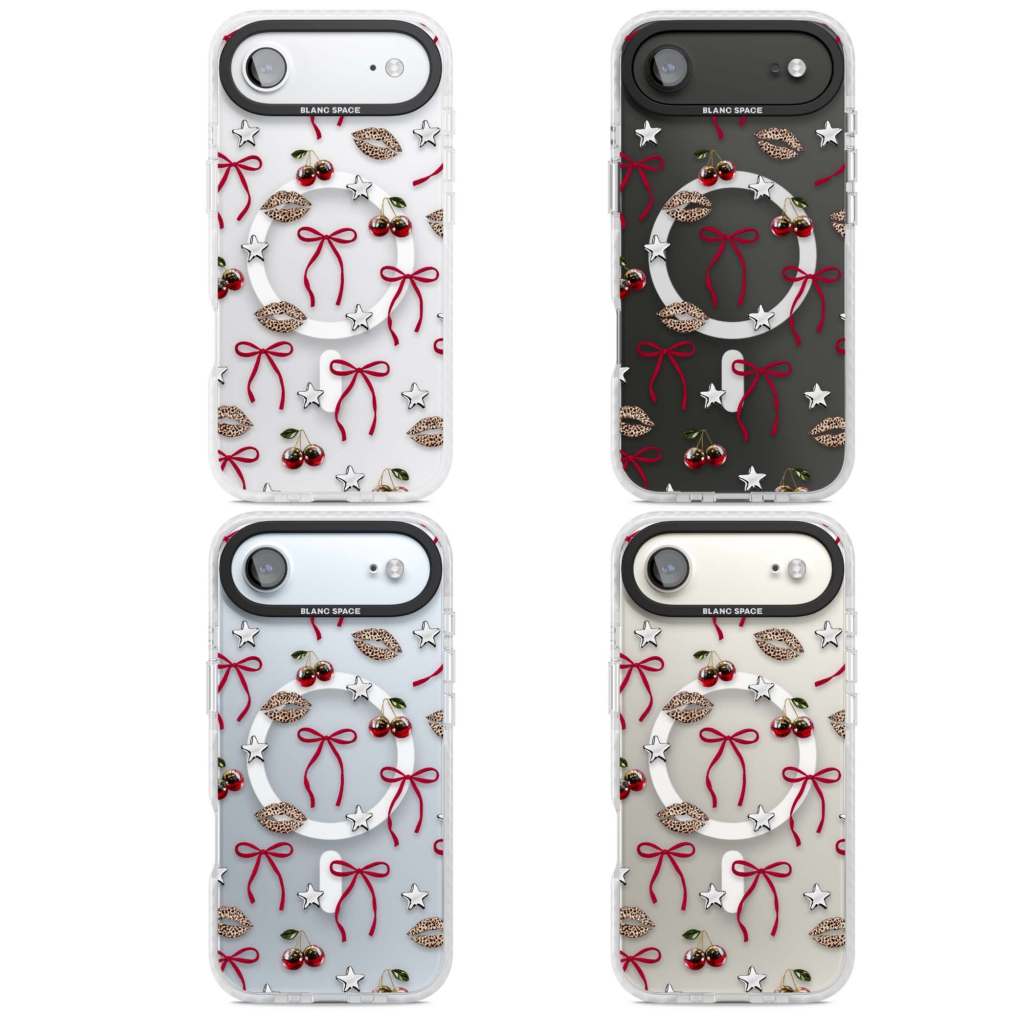 Starlet coquette iPhone case featuring red ribbon bows, disco cherries and leopard-print lips | Impact Magsafe case for iPhone Air