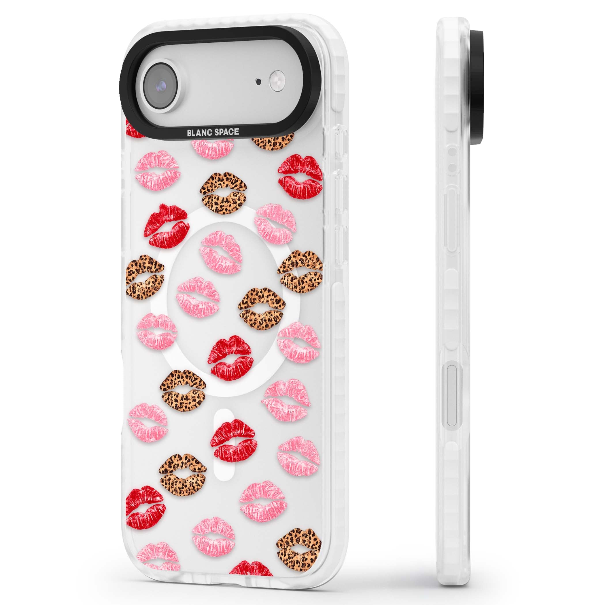 Wild Kisses coquette iPhone case featuring red, pink and leopard print lipstick kiss marks on a clear background | Impact Magsafe case for iPhone Air