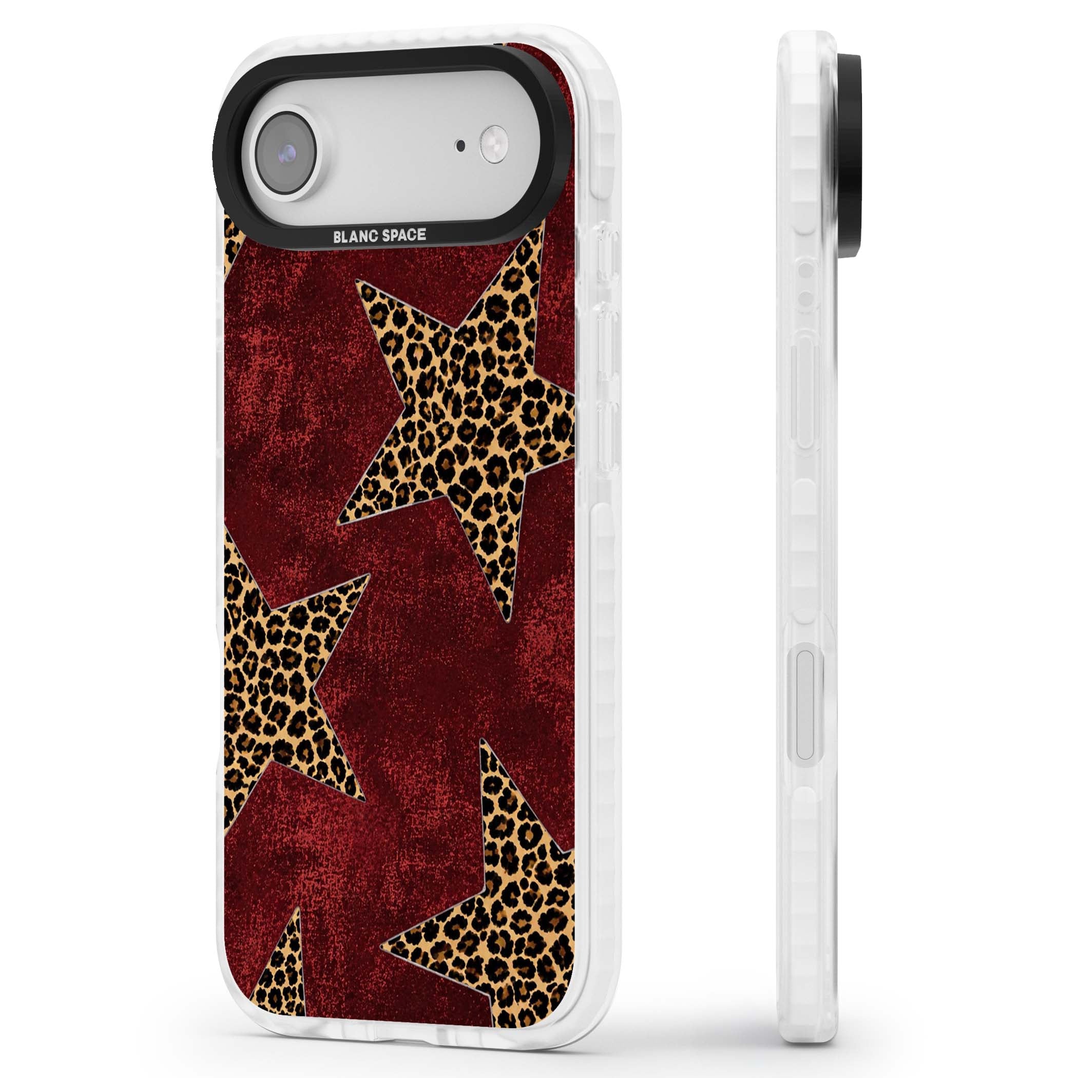 Showgirl leopard print iPhone case featuring cheetah print stars on distressed red grunge background | Impact Magsafe case for iPhone Air