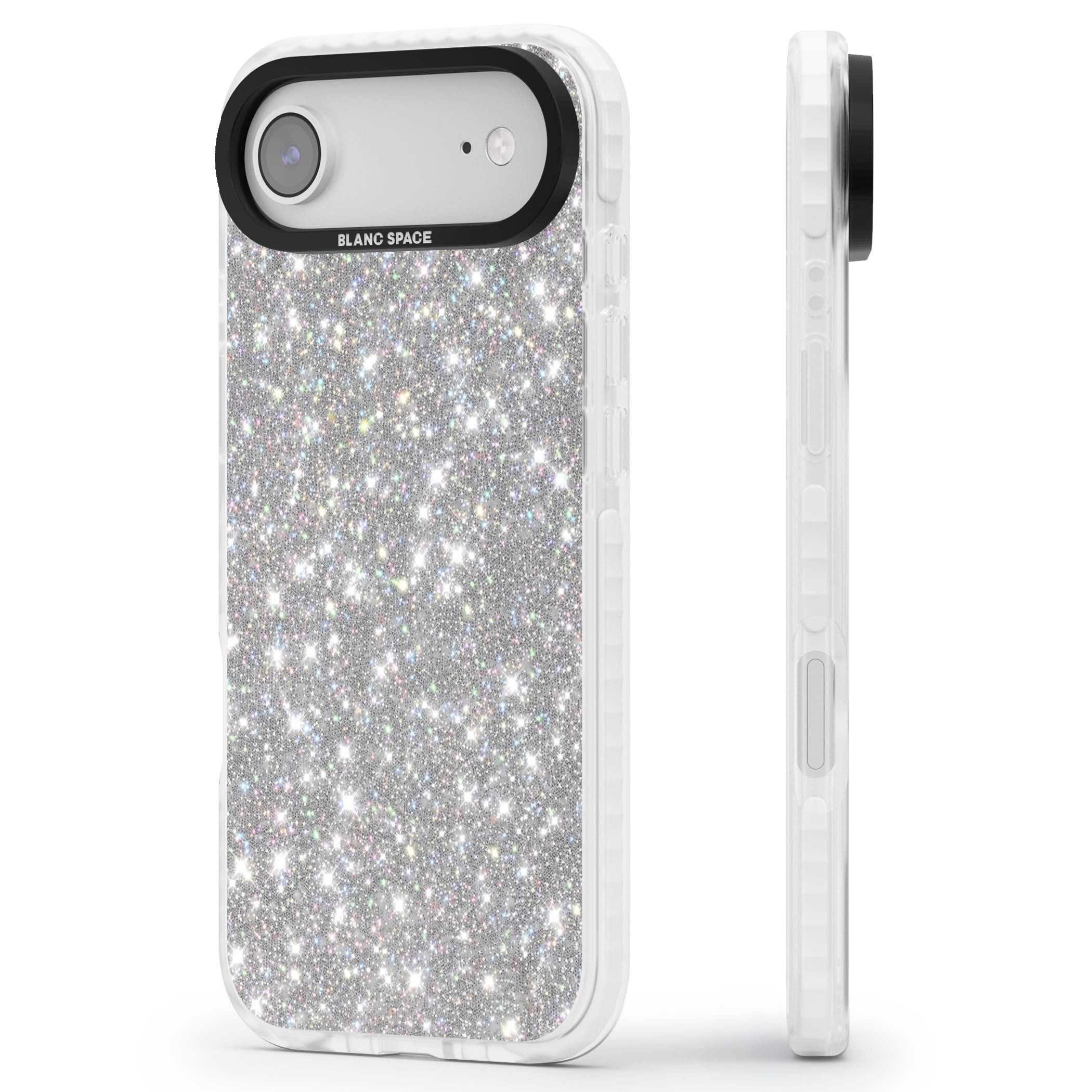 Diamond glam iPhone case featuring silver glitter sparkle and shimmering diamond dust effect | Impact Magsafe case for iPhone Air