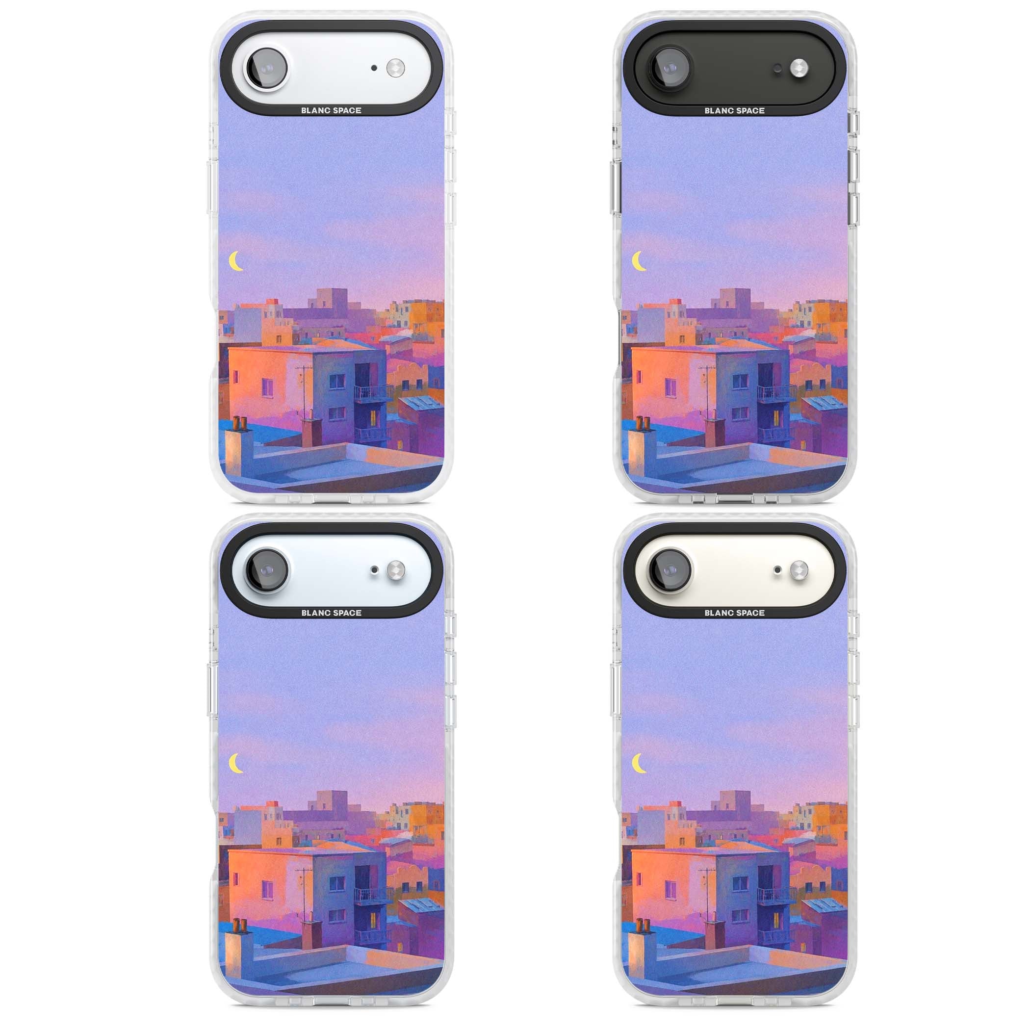Twilight Rooftops vaporwave iPhone case featuring a pastel sunset cityscape, painted rooftops and a crescent moon. | Impact Magsafe case for iPhone Air