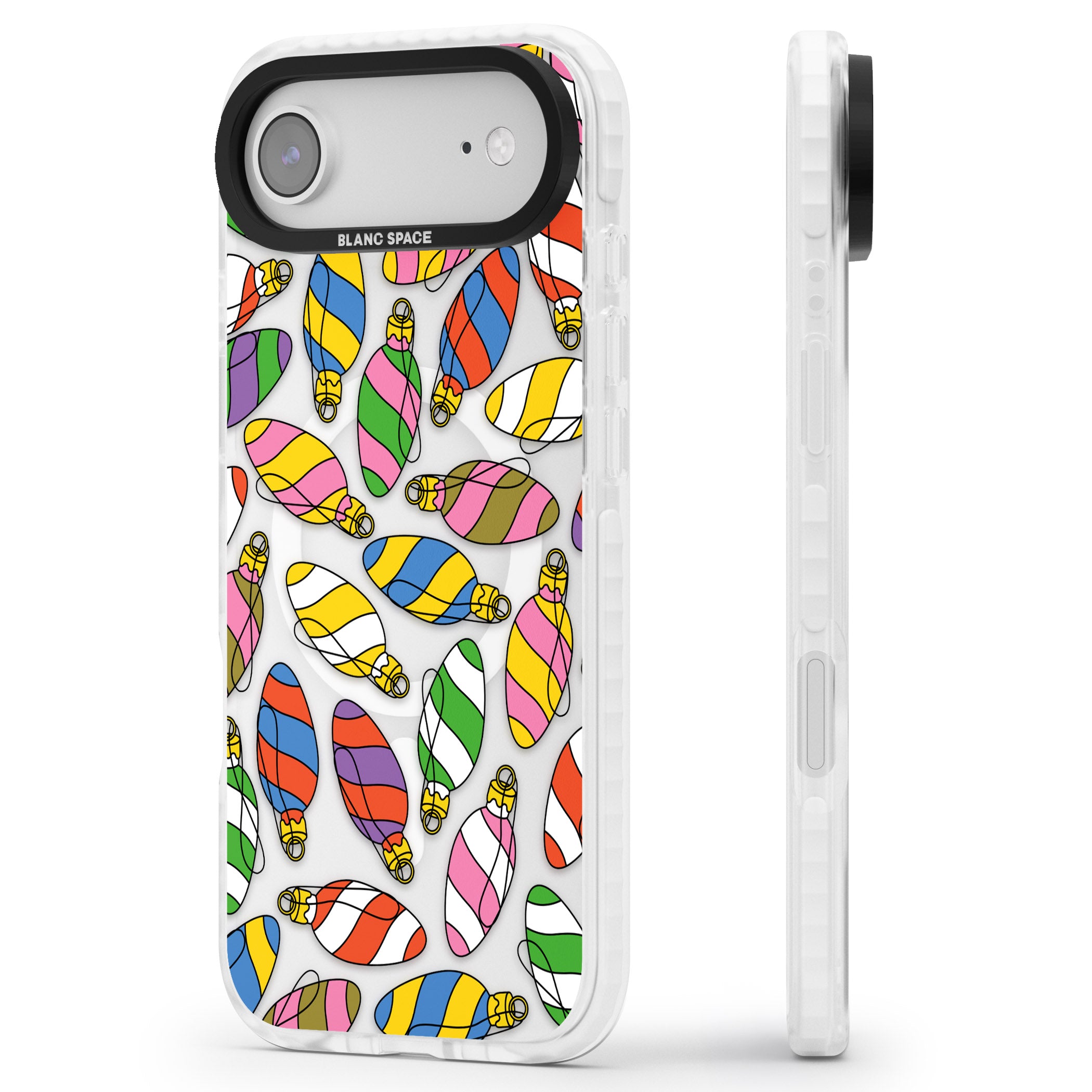 Colourful Holiday Ornaments iPhone 17 Air Impact Pro Clear Phone Case Side Profile