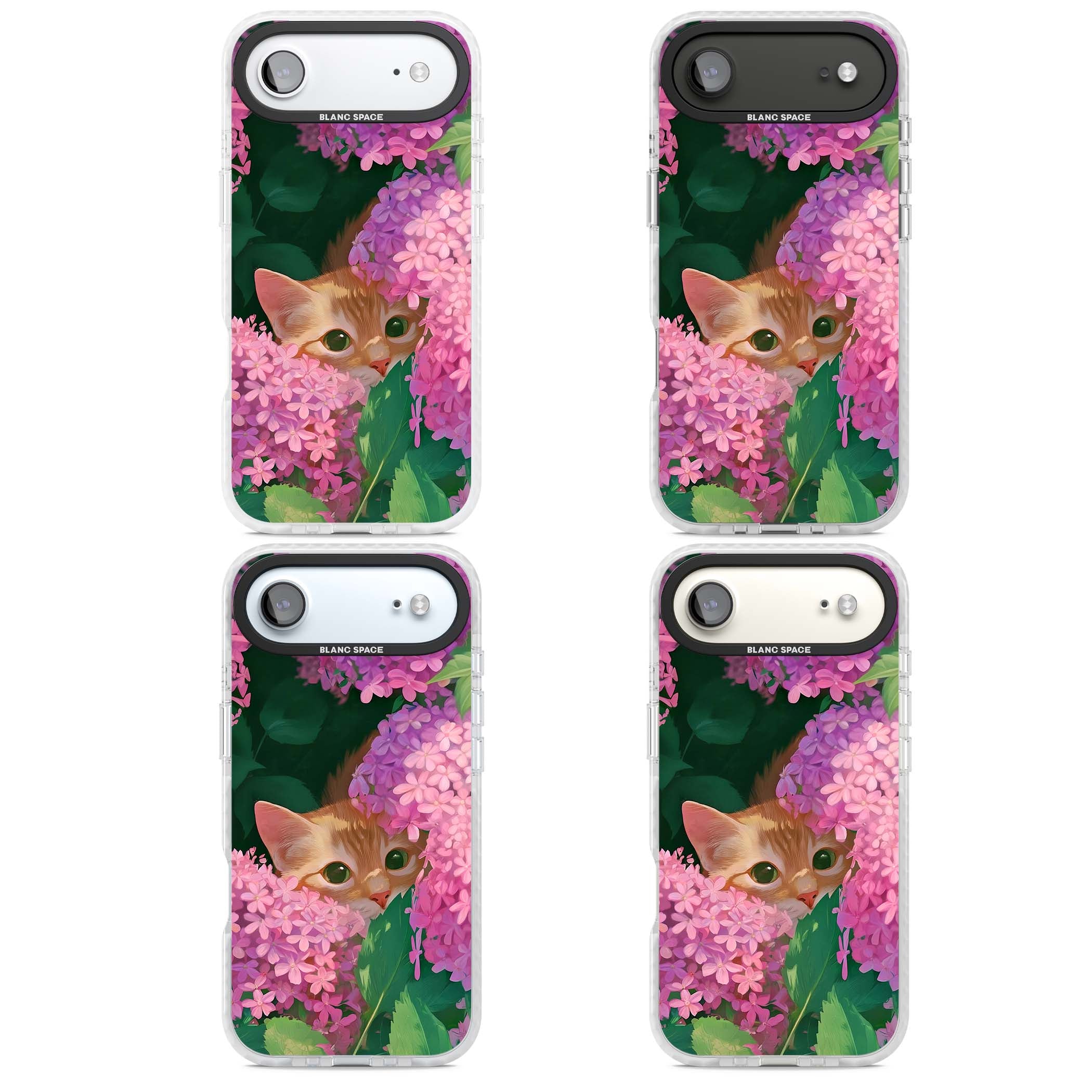 Cat In Pink Flowers cottagecore iPhone case featuring a ginger kitten peeking through lilac and pink hydrangea flo | Impact Magsafe case for iPhone Air