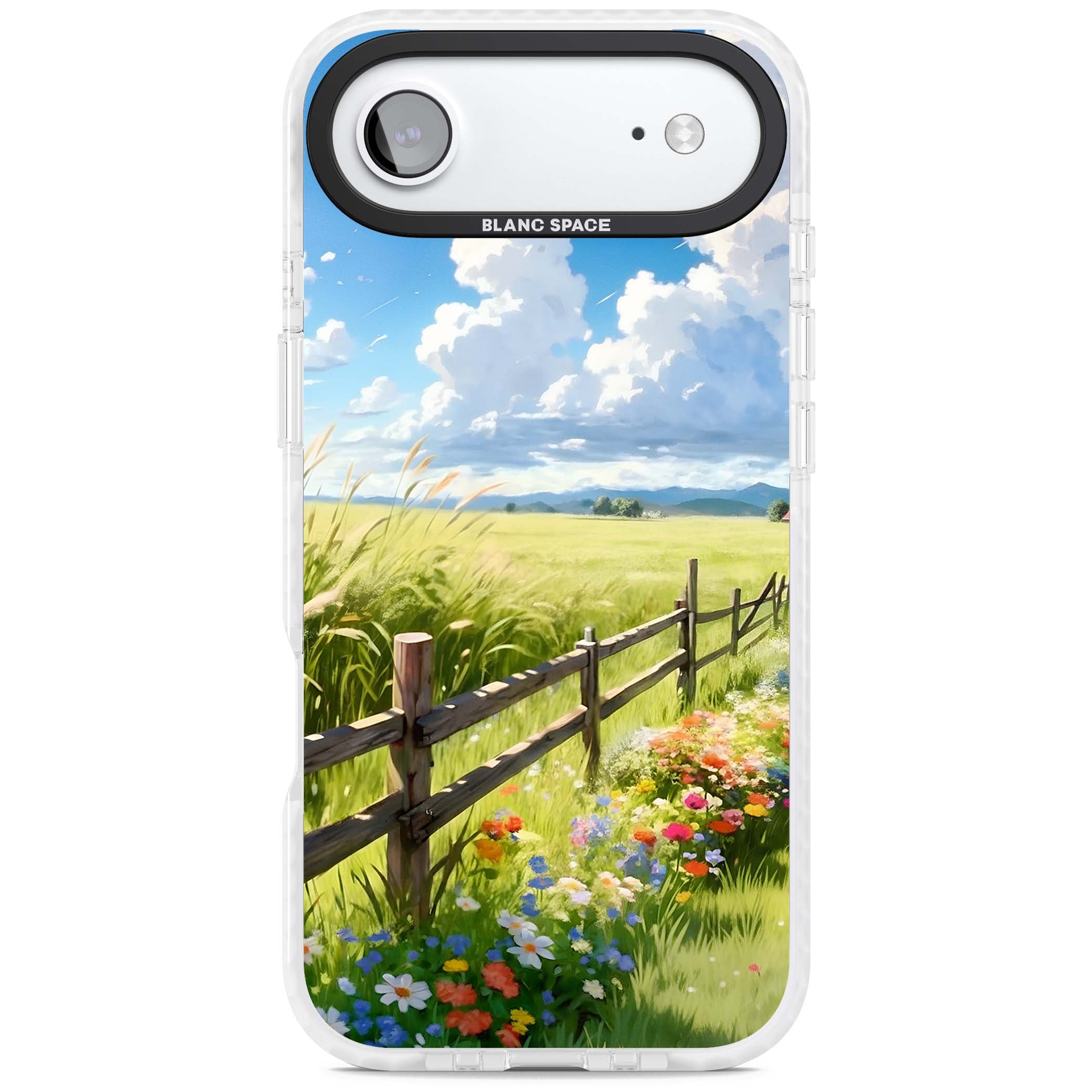 A Countryside Afternoon cottagecore iPhone case featuring a painted countryside meadow, wooden fence, and wildflowers beneath | Impact Magsafe case for iPhone Air