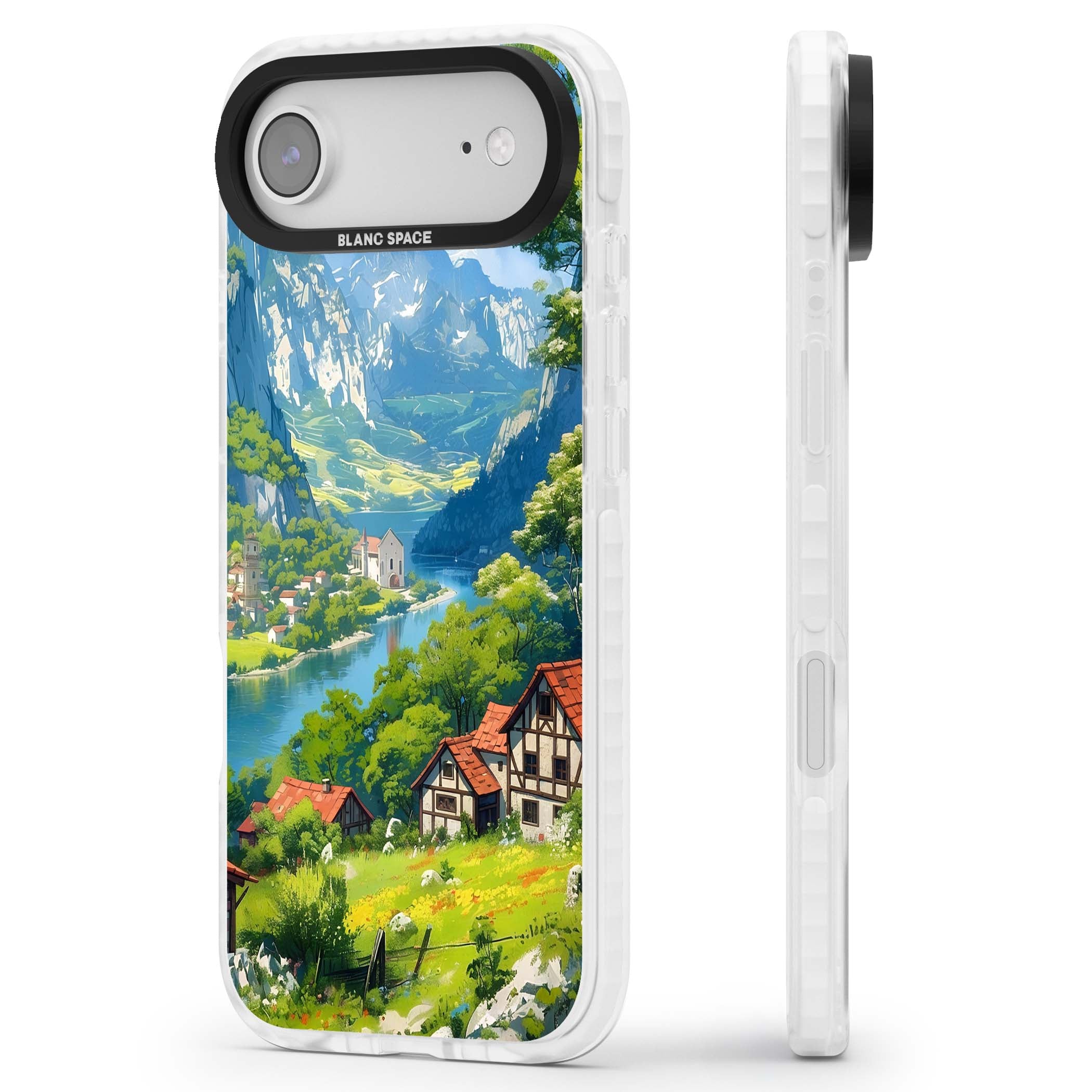 Village In The Valley anime iPhone case featuring a painted mountain village, river valley and half-timbered cottages. | Impact Magsafe case for iPhone Air