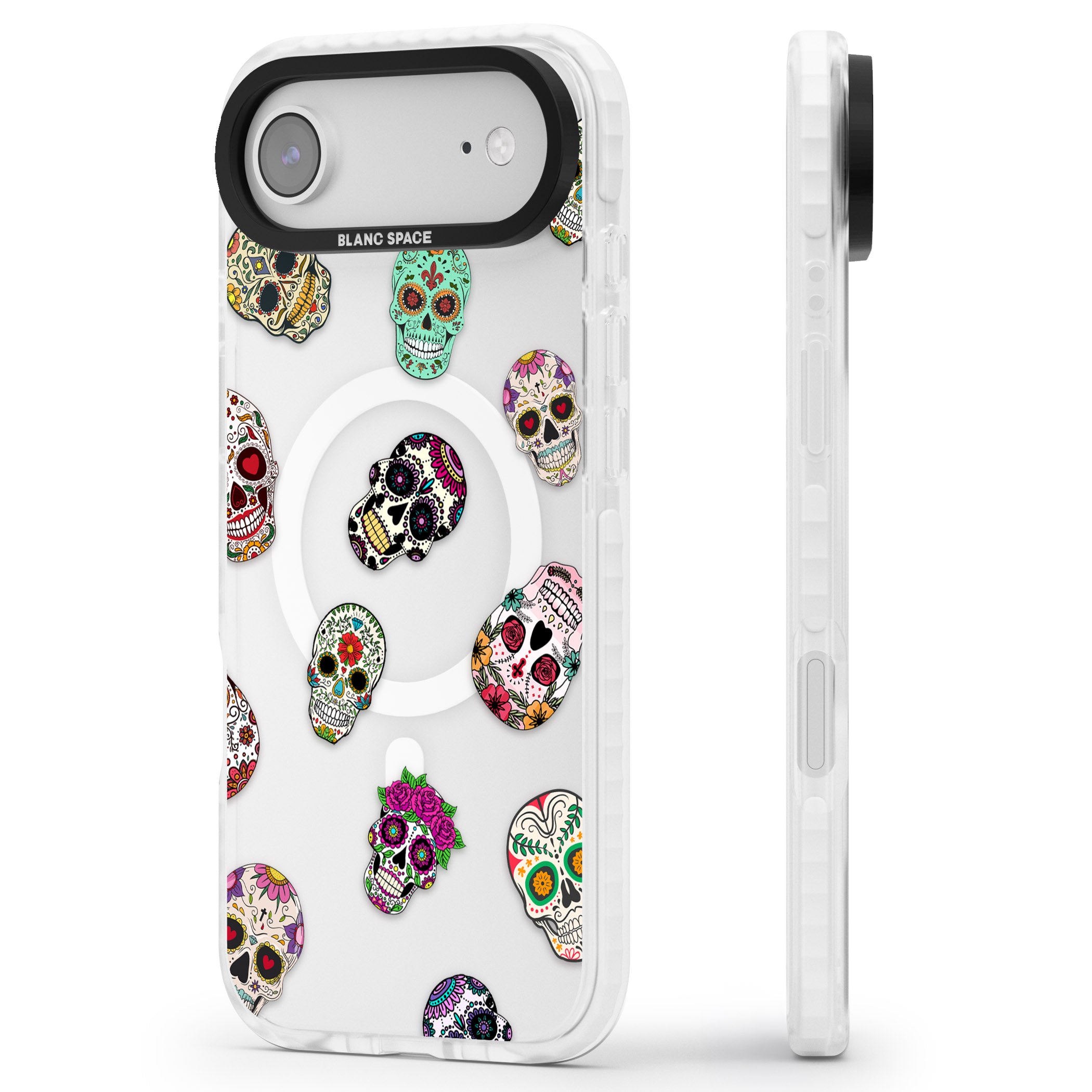Mixed Sugar Skull Pattern iPhone 17 Air Impact Pro Clear Phone Case Side Profile