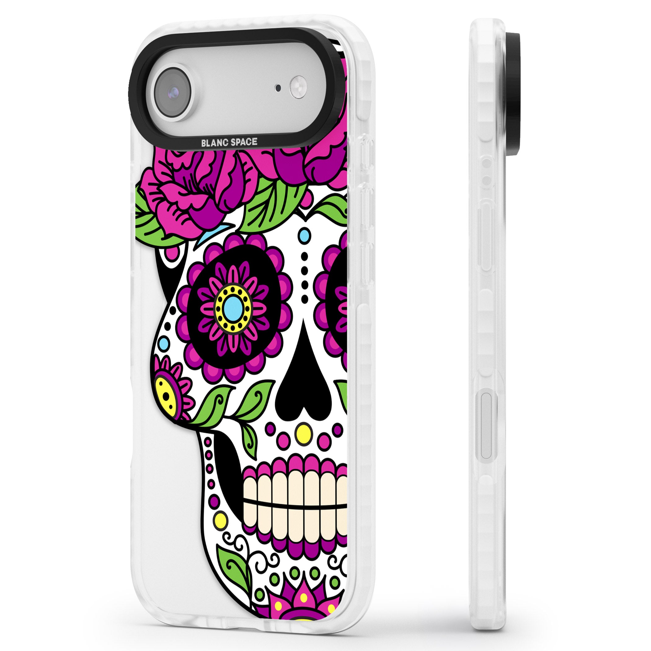 Purple Floral Sugar Skull iPhone 17 Air Impact Pro Clear Phone Case Side Profile