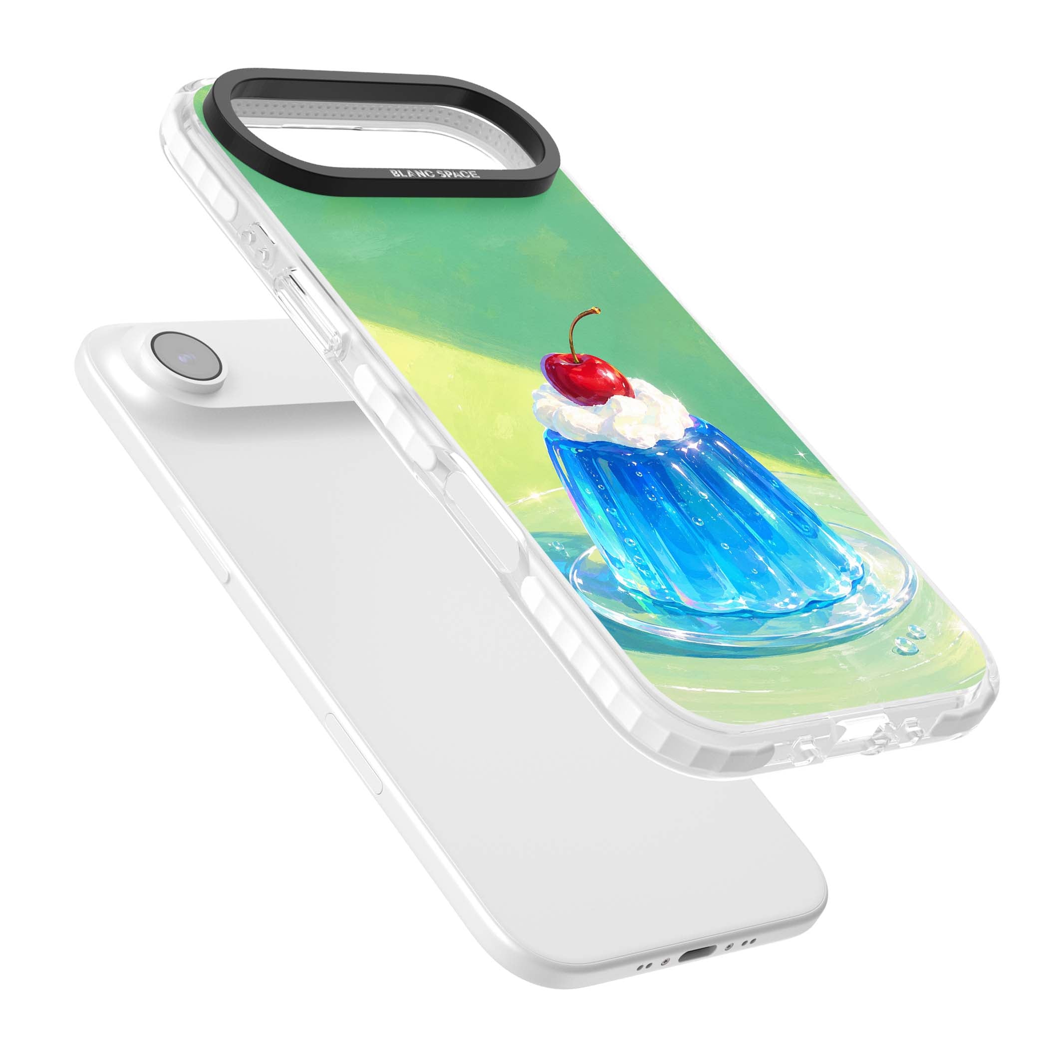 Cherry Jelly kawaii dessert iPhone case featuring blue jelly pudding, whipped cream and a red cherry | Impact Magsafe case for iPhone Air