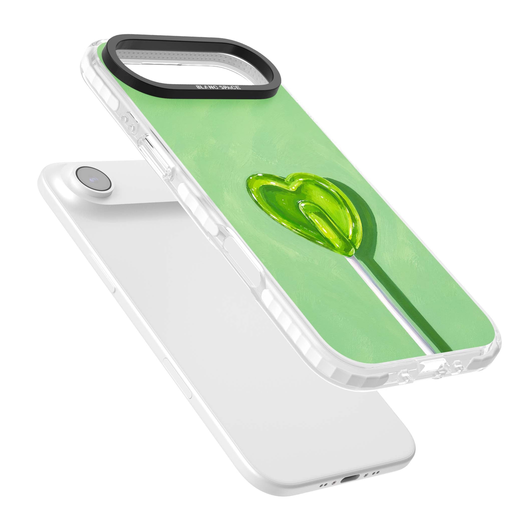 Green Lollipop candy art iPhone case featuring a glossy green heart-shaped lollipop on a painted pastel green background | Impact Magsafe case for iPhone Air