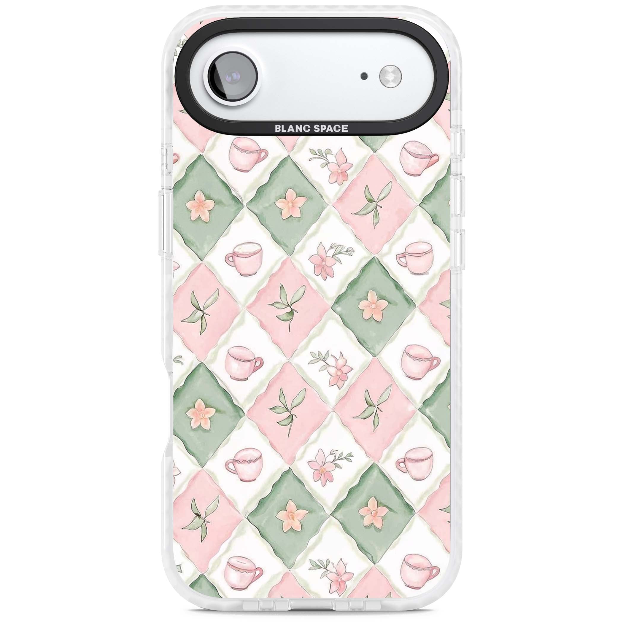 Garden Tea Party coquette iPhone case with pink and green checkered pattern, watercolour teacups and wildflowers | Impact Magsafe case for iPhone Air