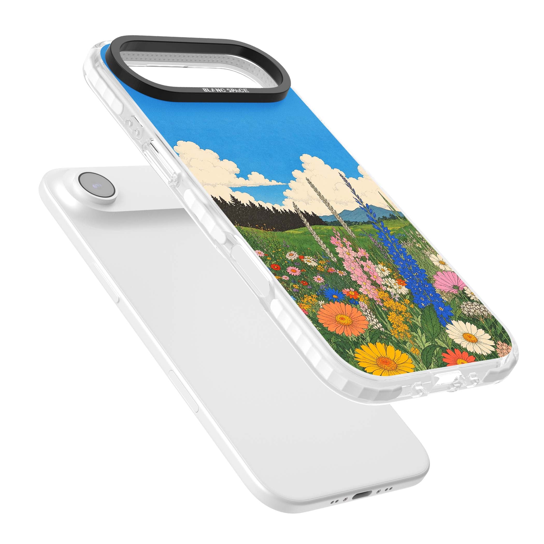 Wildbloom wildflower iPhone case featuring a vintage Japanese-style meadow landscape with daisies, delphiniums and moun | Impact Magsafe case for iPhone Air