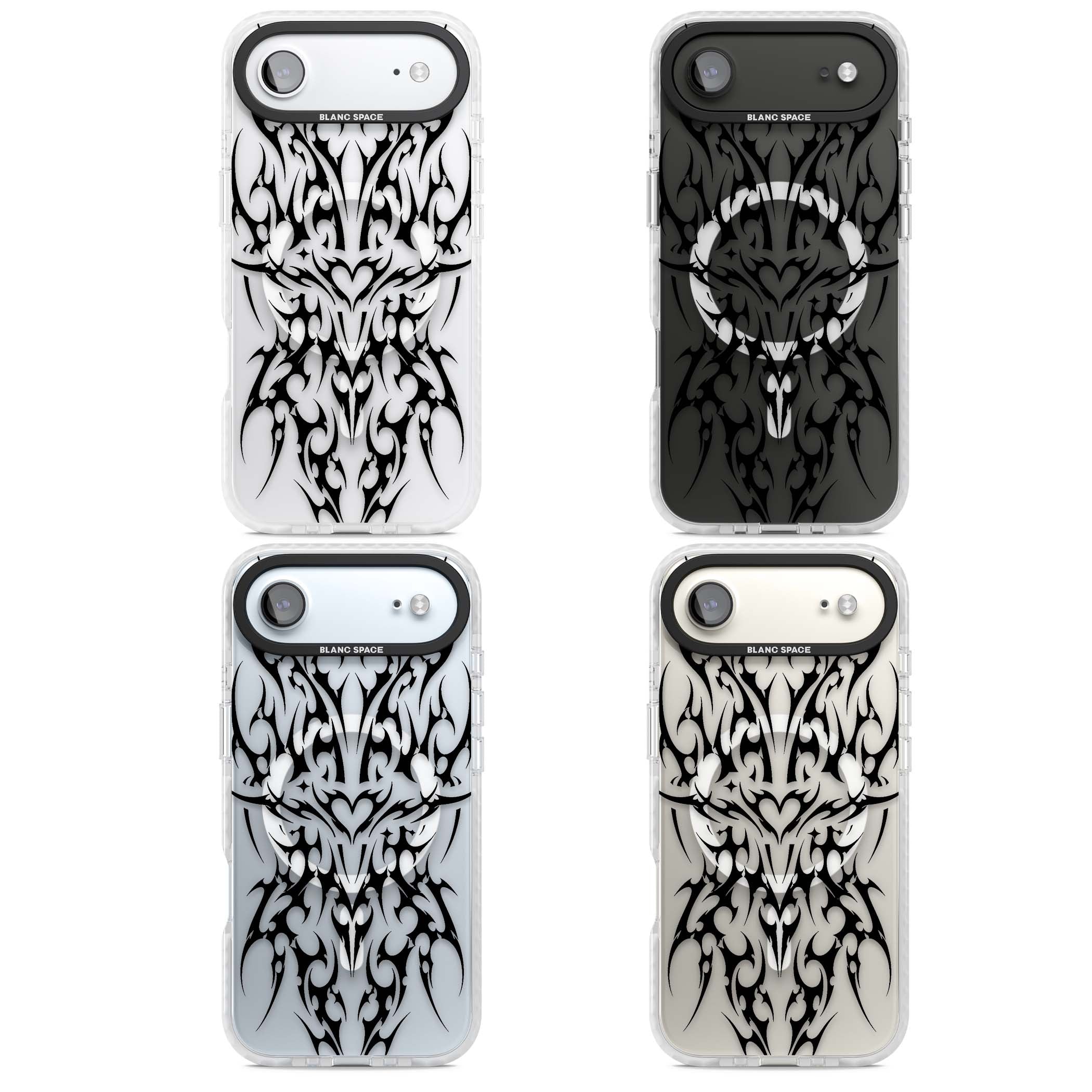 Neo Tribal Heart gothic iPhone case featuring symmetrical black tribal tattoo art with sharp thorn-like linework | Impact Magsafe case for iPhone Air