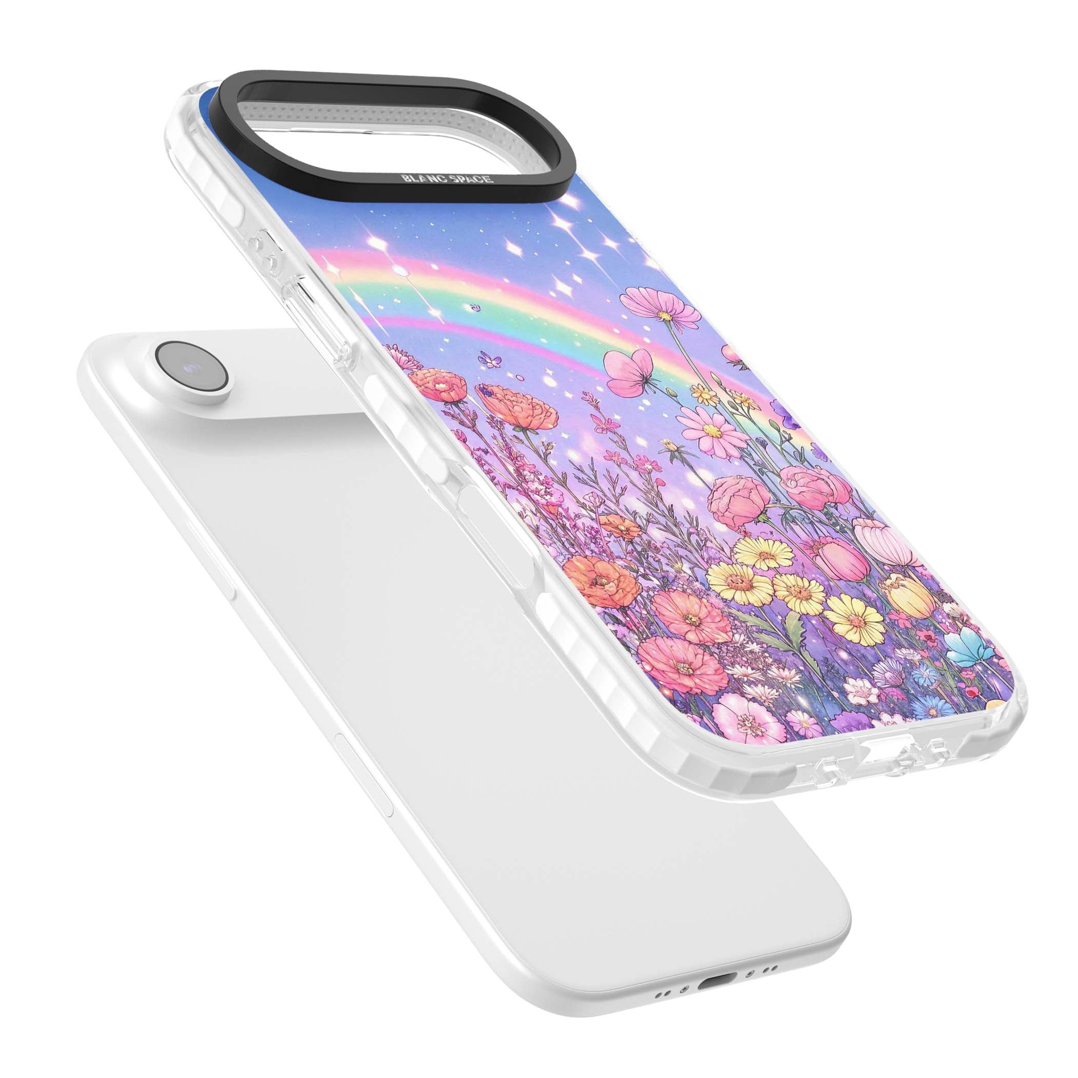Magical Meadow fairycore iPhone case featuring a pastel rainbow, sparkling stars and a wildflower meadow | Black Impact case for iPhone Air